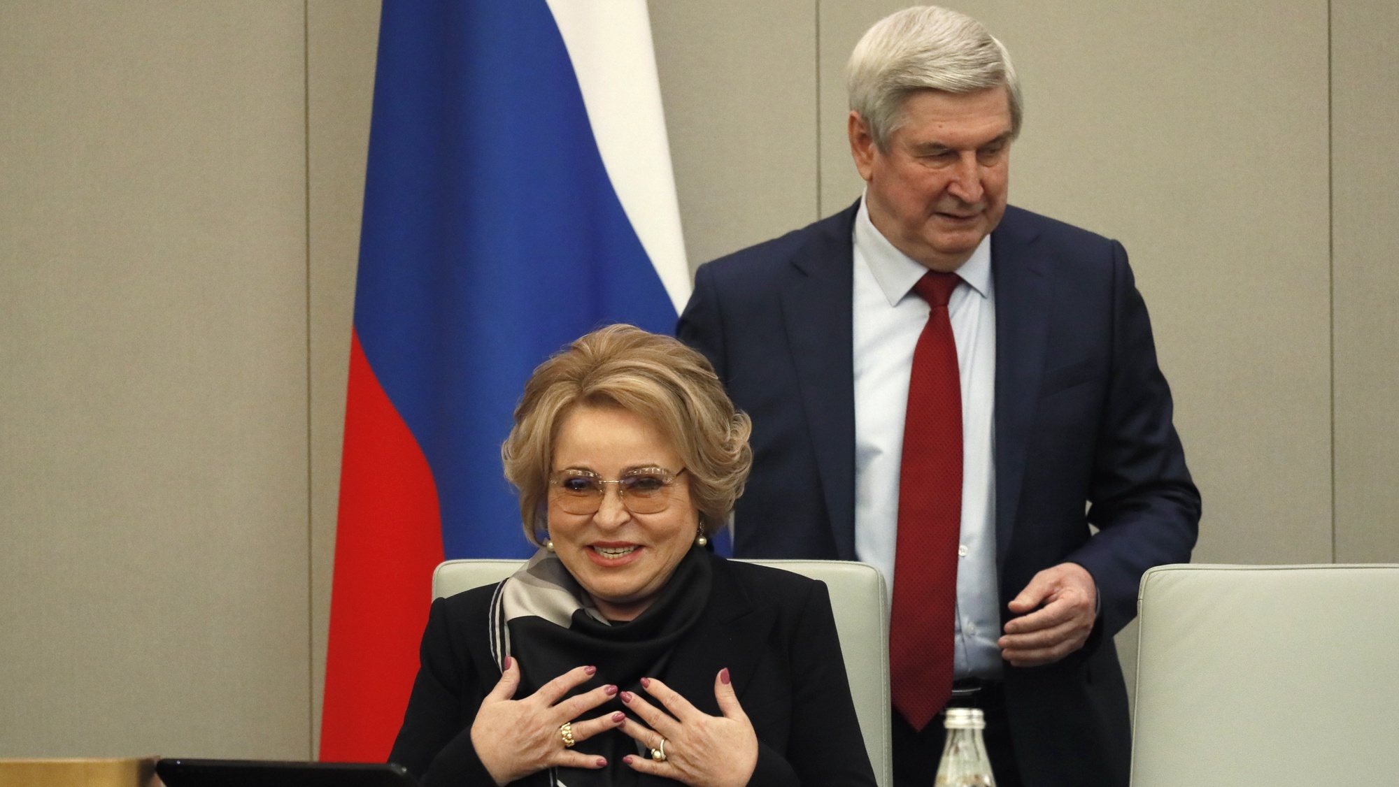 epa09193082 Chairwoman of the Russian Federation Council (upper house of parliament) Valentina Matviyenko (C) and Deputy Speaker of the State Duma of the Russian Federation Ivan Melnikov (R) attend a plenary session of the Russian State Duma (lower house of parliament) in Moscow, Russia 12 May 2021.  EPA/YURI KOCHETKOV