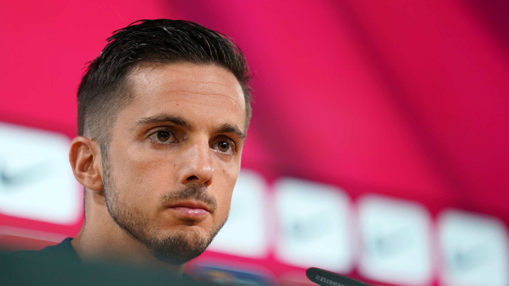 epa10207784 Spain&#039;s Pablo Sarabia attends a press conference in Braga, Portugal, 26 September 2022. Spain will face Portugal in their UEFA Nations League soccer match on 27 September 2022.  EPA/HUGO DELGADO