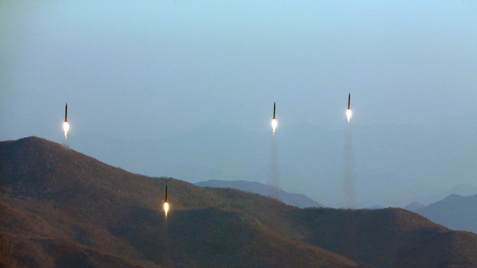 epa05934047 (FILE) - An undated file photo made available by the North Korean Central News Agency (KCNA), the state news agency of North Korea, on 07 March 2017, shows four projectiles during a ballistic rocket launching drill of Hwasong artillery units of the Strategic Force of the Korean People&#039;s Army (KPA) at an undisclosed location, According to media reports on 28 April 2017 state that North Korea has test-fired a ballistic missile an area just north of Pyongyang. US Secretary of State Rex Tillerson warned on 28 April 2017 that failure to curb North Korea&#039;s nuclear and missile development could lead to &#039;catastrophic consequences.&#039;  EPA/KCNA   EDITORIAL USE ONLY/NO SALES *** Local Caption *** 53402522