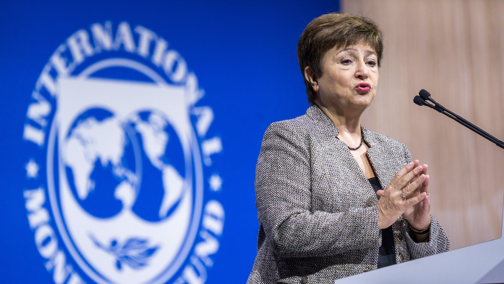 epa10243615 Managing Director of the International Monetary Fund (IMF) Kristalina Georgieva delivers remarks at the 2022 Annual Meetings Plenary session during the 2022 Annual Meetings of the IMF and the World Bank Group (WBG) in Washington, DC, USA, 14 October 2022. The meetings run from 10 October to 16 October.  EPA/SHAWN THEW