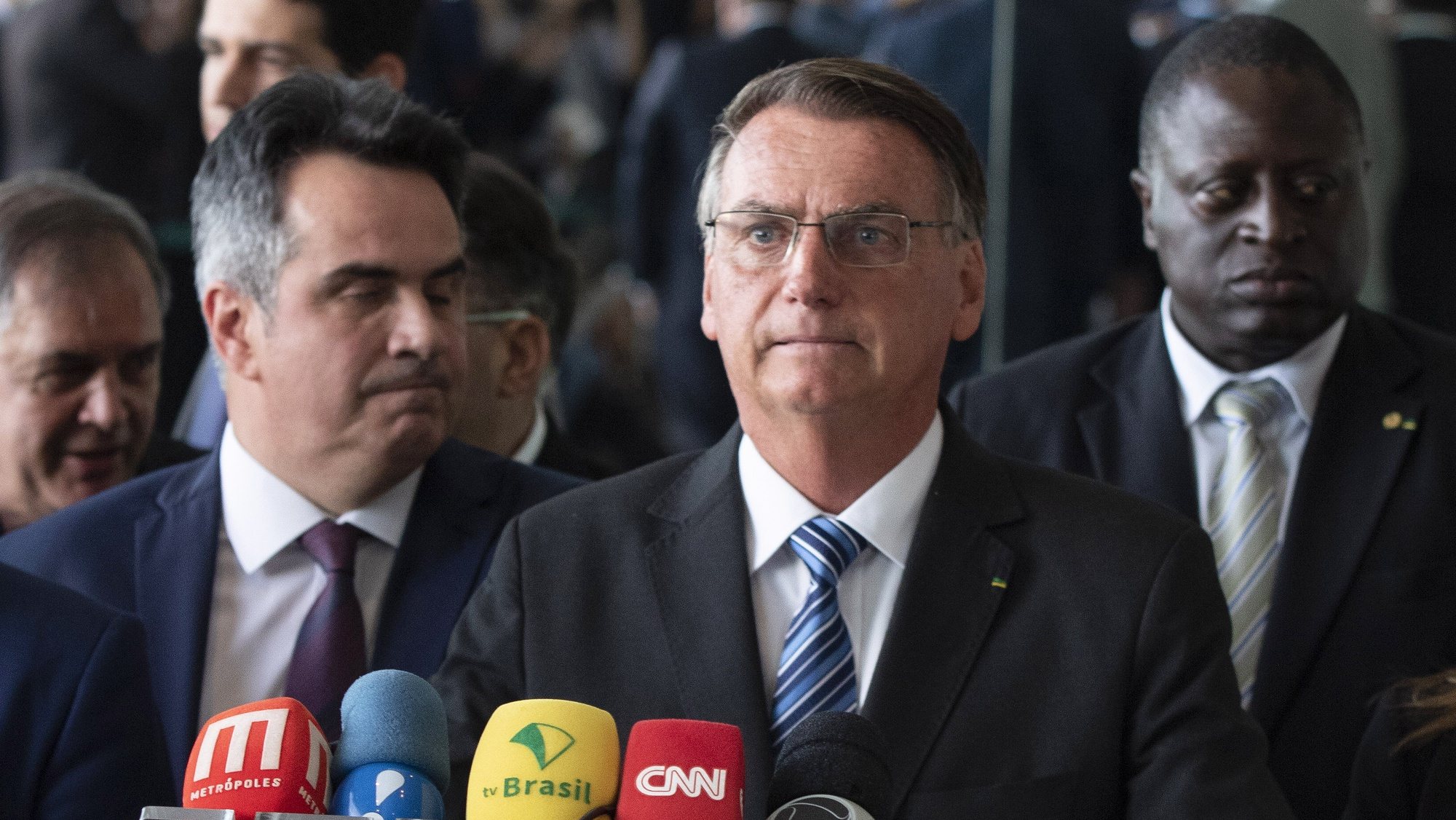 epa10279802 Out-going Brasilian president Jair Bolsonaro, speaks to the media about the results of the Presidential elections, Brasilia, Brazil, 01 November 2022. Bolsonaro, assured that he â€˜will continue to be faithful to the constitutionâ€™.  EPA/Joedson Alves