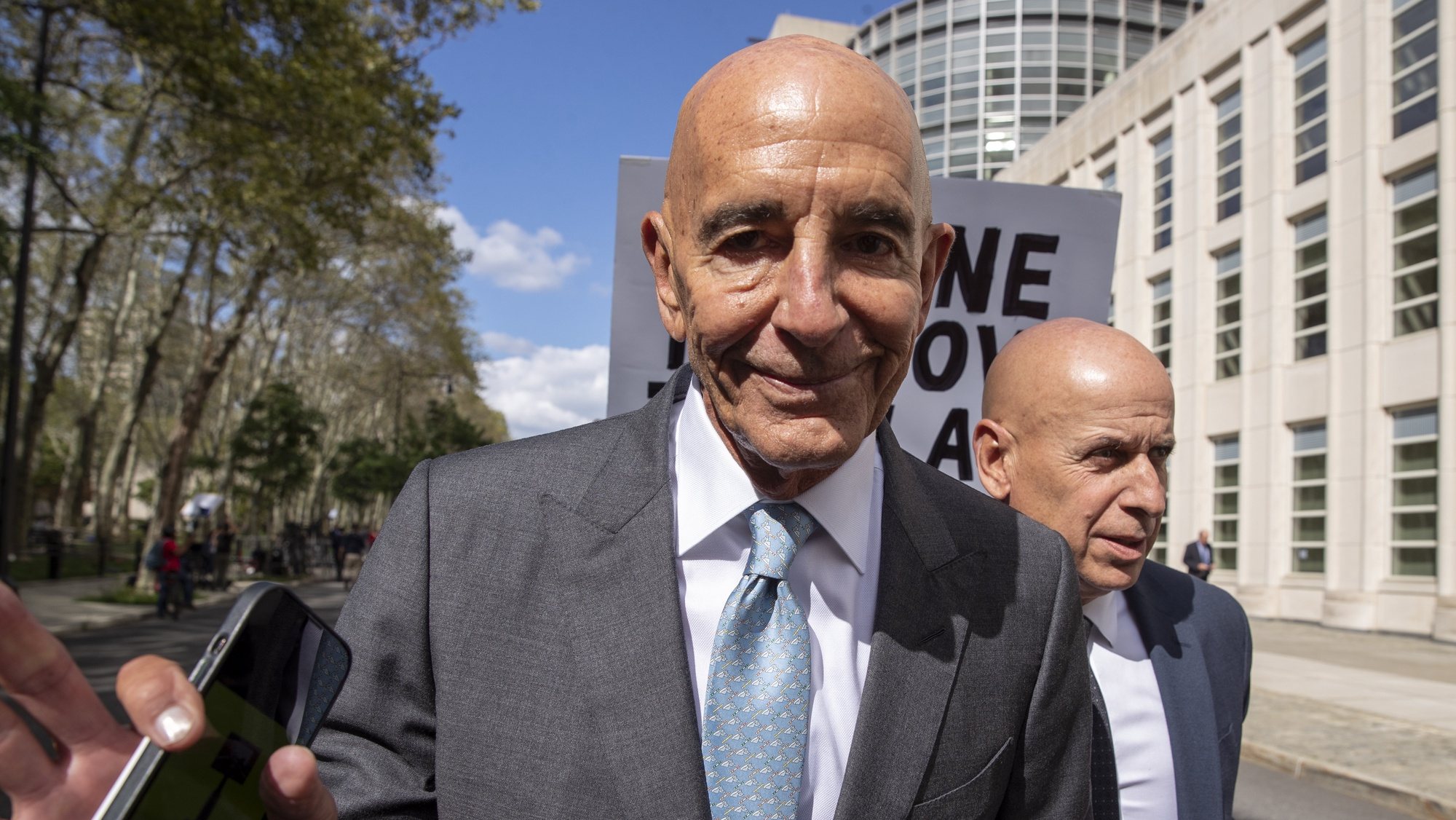epa10195887 Tom Barrack (C), a Los Angeles private equity executive and a former Trump advisor and ally, departs the United States Courthouse in the Brooklyn borough of New York, New York, USA, 20 September 2022. Barrack is accused of acting and conspiring to act as agents of the United Arab Emirates.  EPA/SARAH YENESEL