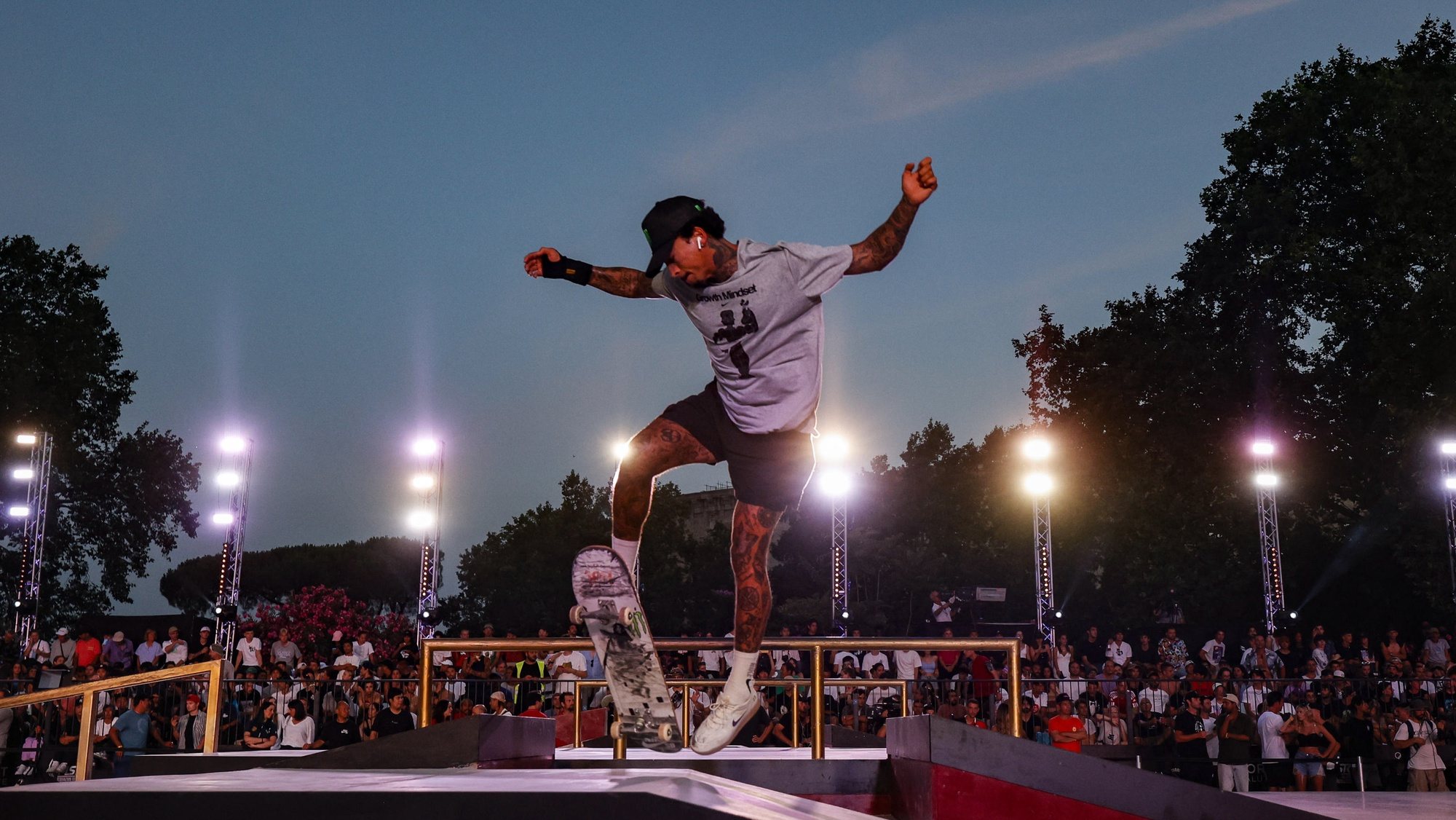 epa10050681 Gustavo Ribeiro of Portugal during the men&#039;s final of the Street Skateboarding World Championships at the Colle Oppio Park in Rome, Italy, 03 July 2021.  EPA/FABIO FRUSTACI