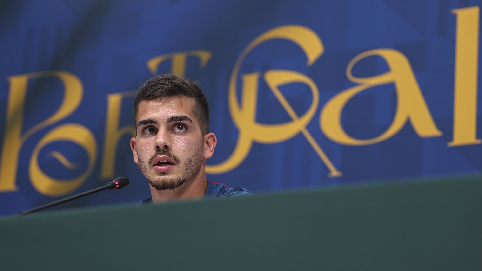 Portugal national team player André Silva attend a press conference ahead of their Fifa World Cup 2022 group H match on 2 December against Korea Republic, at the Qatar National Convention Center (QNCC) in Doha, Qatar, 30 November 2022. JOSE SENA GOULAO/LUSA