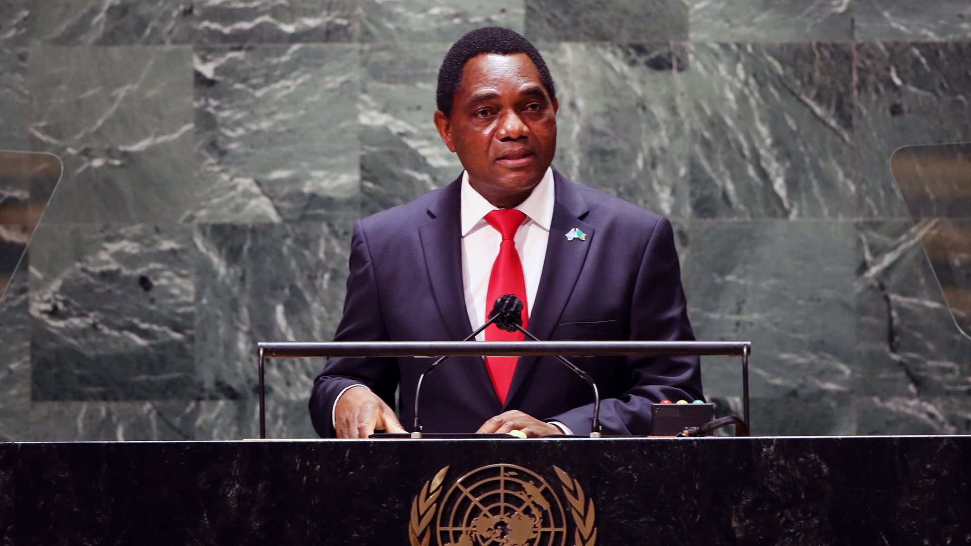 epa09480802 Zambia&#039;s President, Hakainde Hichilema, speaks during the 76th Session of the United Nations General Assembly, at UN headquarters, in New York City, New York, USA, 21 September 2021.  EPA/SPENCER PLATT / POOL