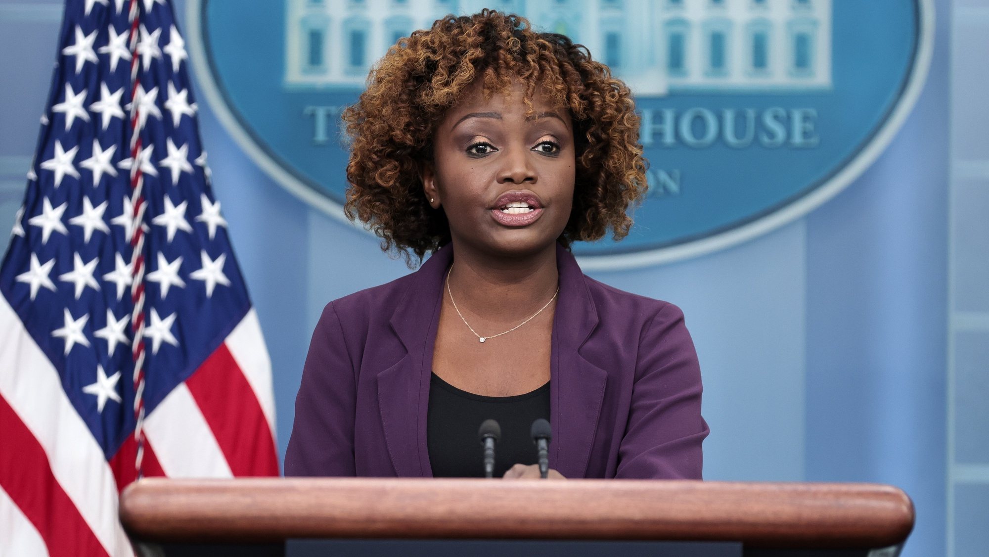 epa10443245 White House Press Secretary Karine Jean-Pierre speaks during a daily press briefing in the James S. Brady Press Briefing Room, at the White House in Washington, DC, USA, 01 February 2023.  EPA/OLIVER CONTRERAS / POOL