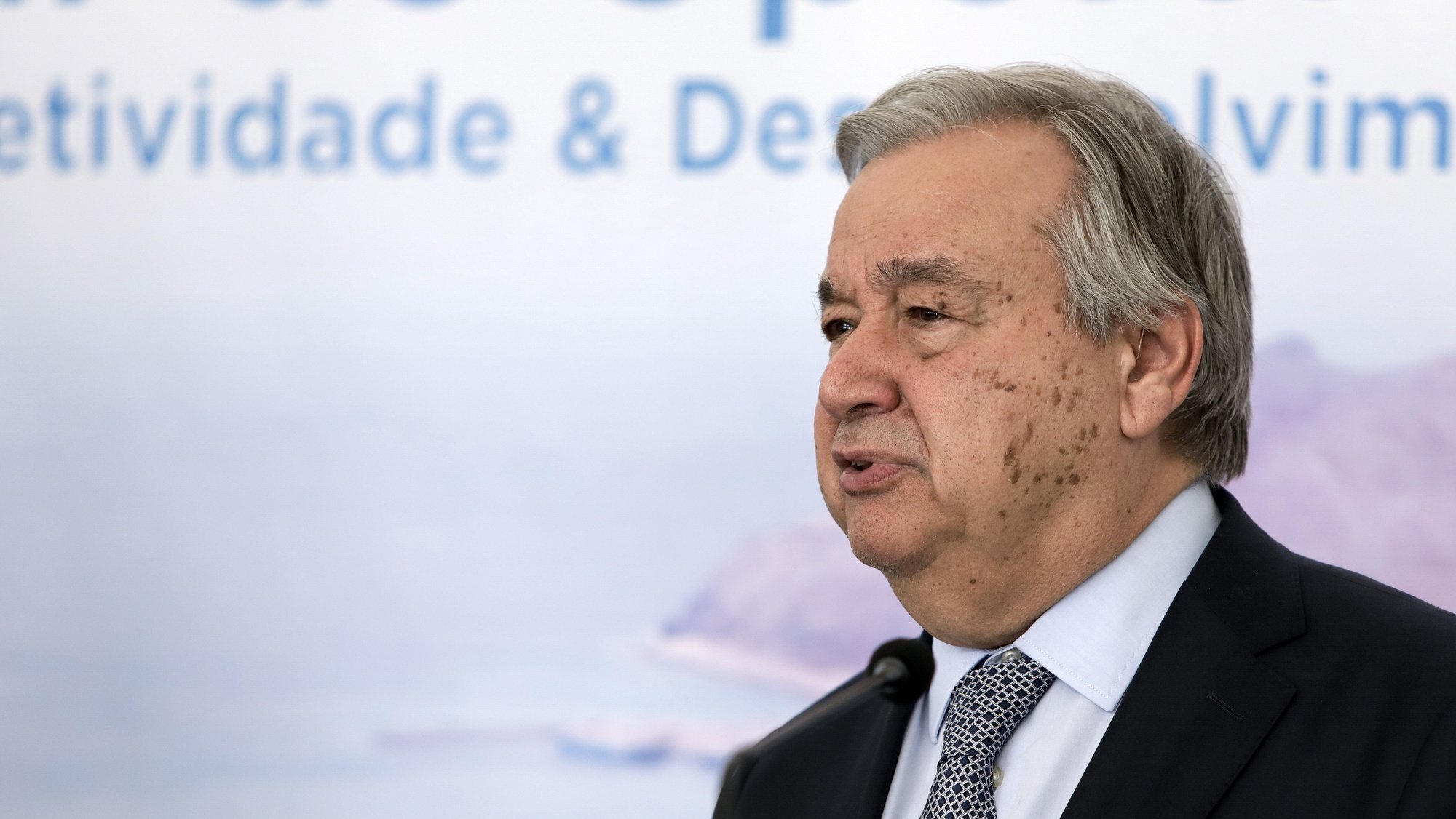 UN Secretary-General Antonio Guterres and Prime Minister of Cape Verde, Ulisses Correia e Silva (not pictured) during a joint press conference at the beginning of a three-day visit to the archipelago, Sao Vicente, 21 January 2023. ELTON MONTEIRO/LUSA
