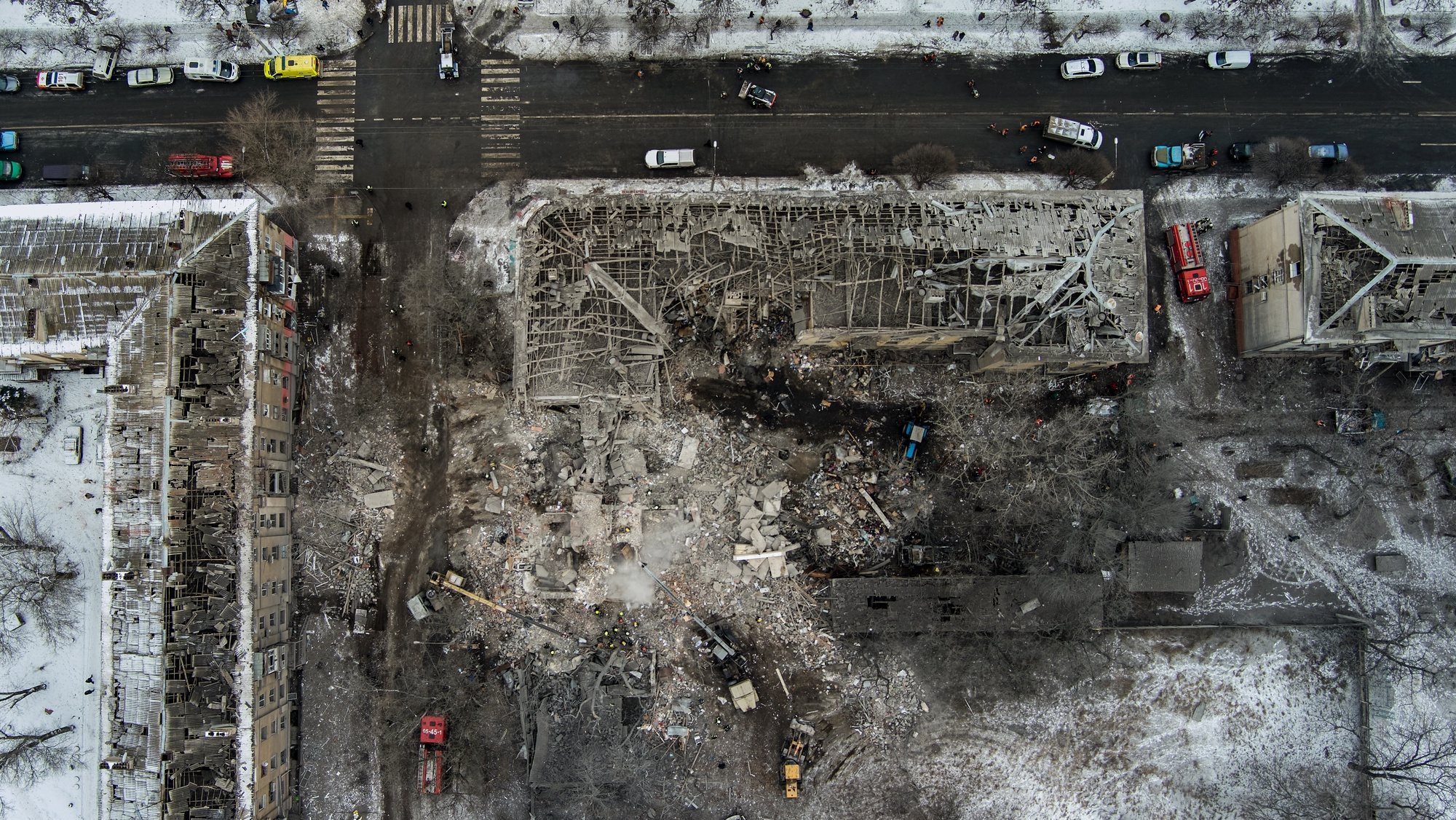 epa10481437 (FILE) - An aerial view taken with a drone of damage at site of an overnight missile strike on a residential district in Kramatorsk, Donetsk region, eastern Ukraine, 02 February 2023. (Issued 21 February 2023). Russian troops on 24 February 2022, entered Ukrainian territory, starting a conflict that has provoked destruction and a humanitarian crisis. One year on, fighting continues in many parts of the country.  EPA/YEVGEN HONCHARENKO  ATTENTION: This Image is part of a PHOTO SET