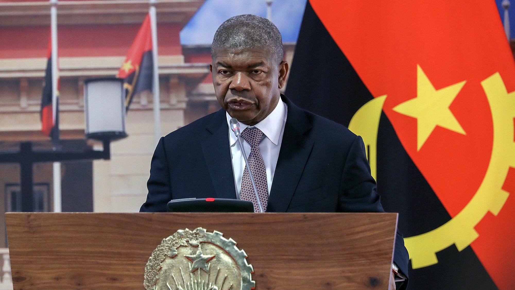 epa10500520 Angola&#039;s President Joao Lourenco attends a press conference with French president after a meeting at the Presidential Palace in Luanda, Angola, 03 March 2023. Macron is on a four-nation tour which includes Gabon, Angola, the Republic of Congo and the Democratic Republic of Congo.  EPA/AMPE ROGERIO