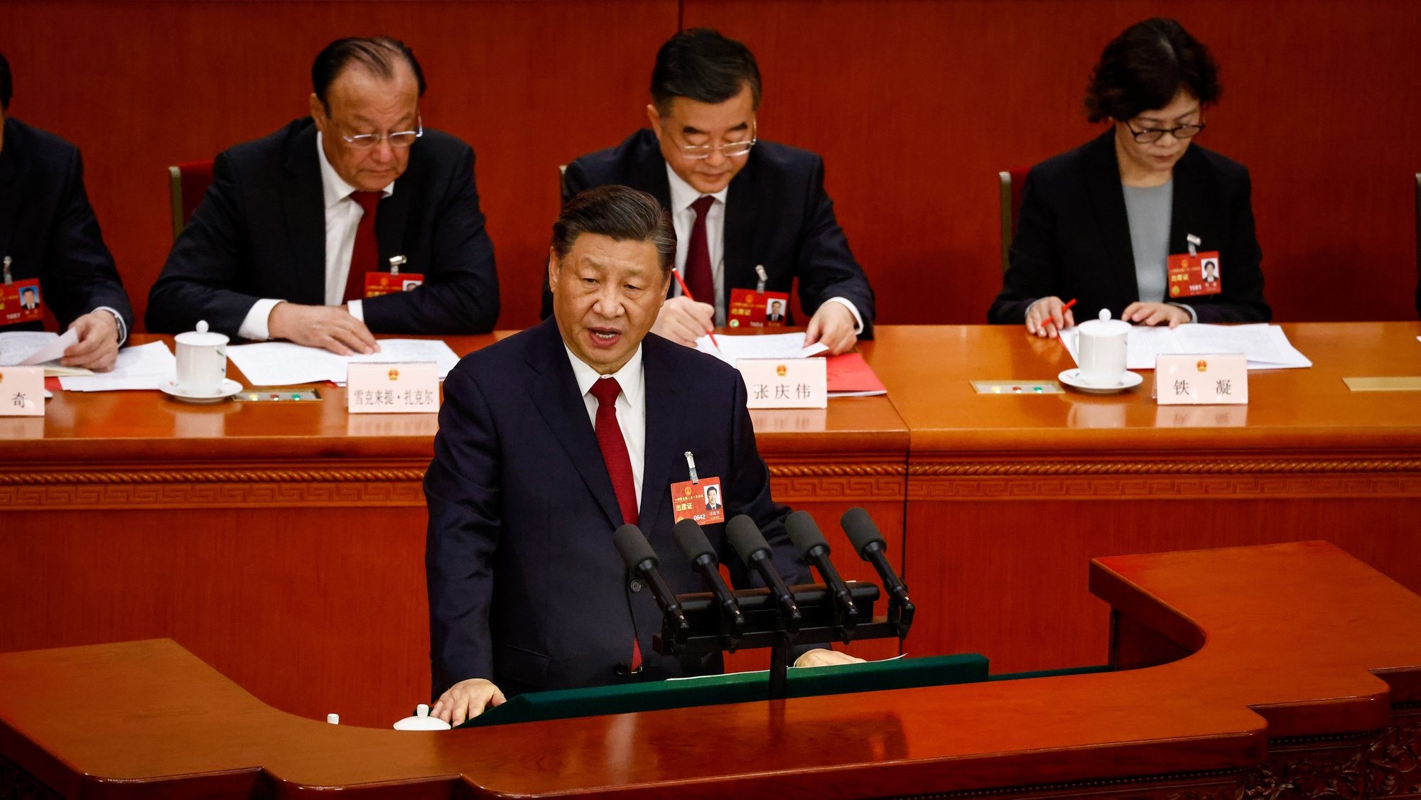epa10519045 Chinese President Xi Jinping speaks during the Closing Session of the National People&#039;s Congress (NPC) at the Great Hall of the People, in Beijing, China, 13 March 2023. China holds two major annual political meetings, the National People&#039;s Congress (NPC) and the Chinese People&#039;s Political Consultative Conference (CPPCC) which run alongside and together are known as &#039;Lianghui&#039; or &#039;Two Sessions&#039;.  EPA/MARK R. CRISTINO