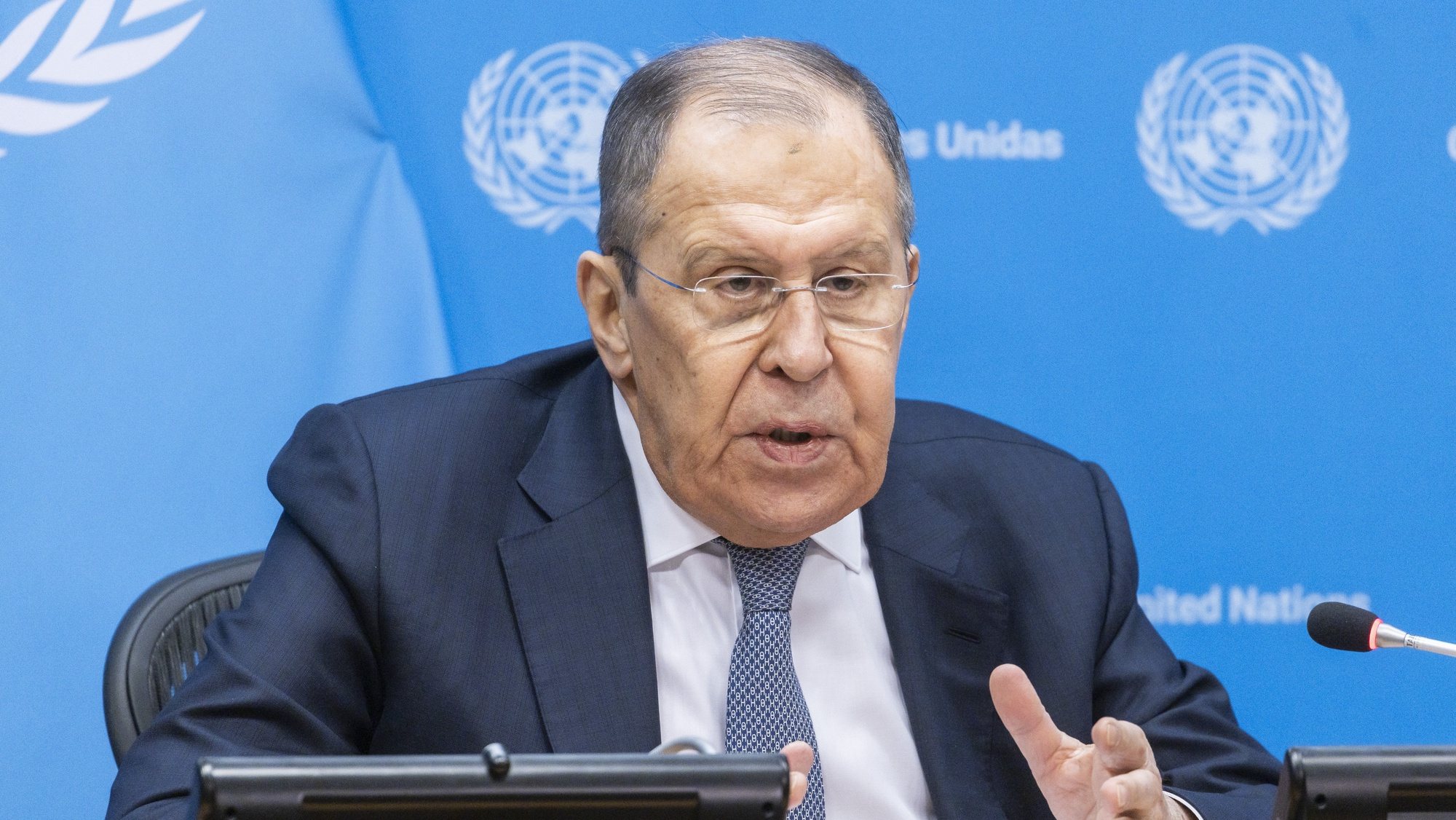 epa11101727 Russia’s Foreign Minister Sergei Lavrov speaks to reporters during a press conference at United Nations headquarters in New York, USA, 24 January 2024.  EPA/JUSTIN LANE