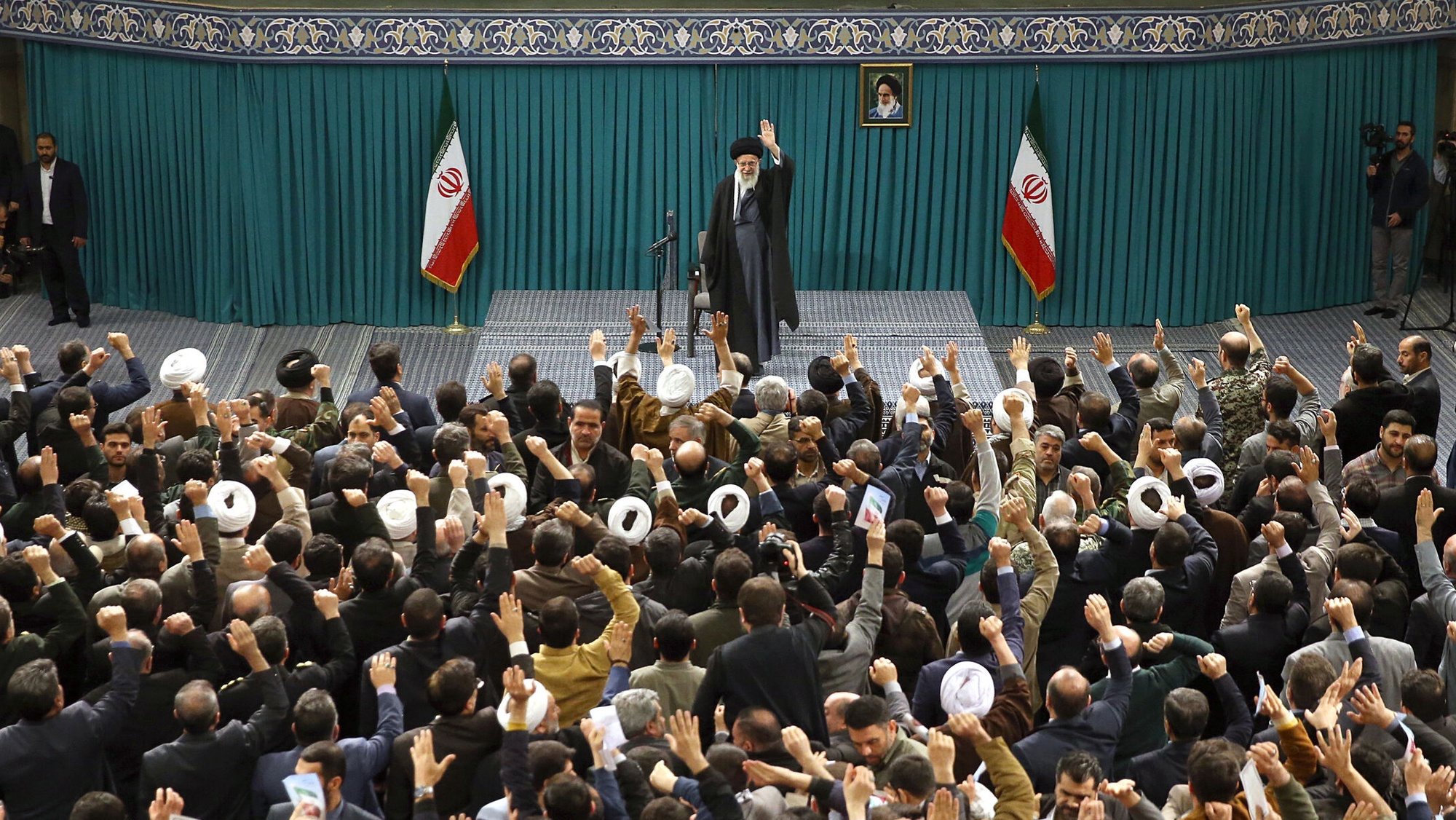 epa11162938 A handout photo made available by the Iranian supreme leader office shows, Iranian Supreme Leader Ayatollah Ali Khamenei waving to the crowd during a meeting in Tehran, Iran, 18 February 2024. According to Khamenei&#039;s official website, Khamenei asked Iranians to have massive participation in the upcoming parliamentary election and disappoint their &#039;enemies&#039;. Iran&#039;s legislative elections will be held on 01 March 2024.  EPA/IRANIAN SUPREME LEADER OFFICE / HANDOUT  HANDOUT EDITORIAL USE ONLY/NO SALES HANDOUT EDITORIAL USE ONLY/NO SALES