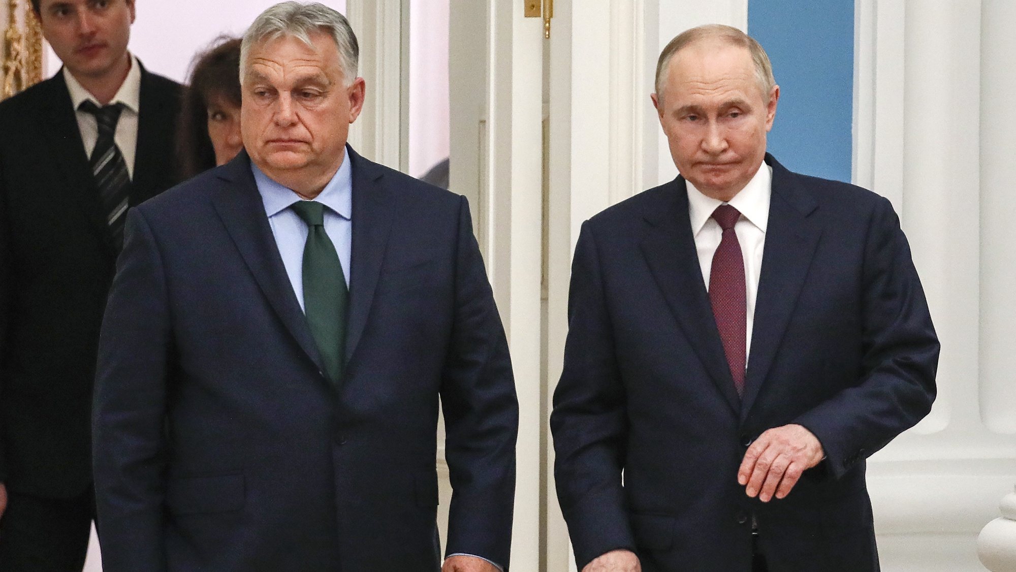 epa11459413 Hungarian Prime Minister Viktor Orban (L) and Russian President Vladimir Putin (R) arrive for a press conference after their bilateral talks at the Kremlin in Moscow, Russia, 05 July 2024. Viktor Orban is in Moscow for a one-day working visit.  EPA/YURI KOCHETKOV