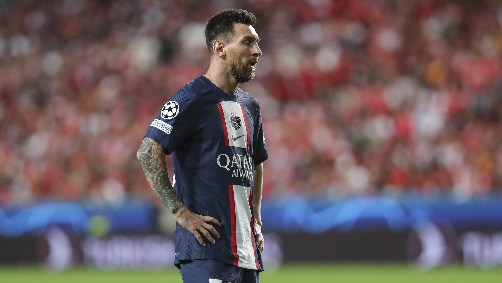Paris Saint-Germain player Lionel Messi reacts during their UEFA Champions League Group H soccer match with Benfica at Luz Stadium in Lisbon, Portugal, 5 of October 2022. MIGUEL A. LOPES/LUSA