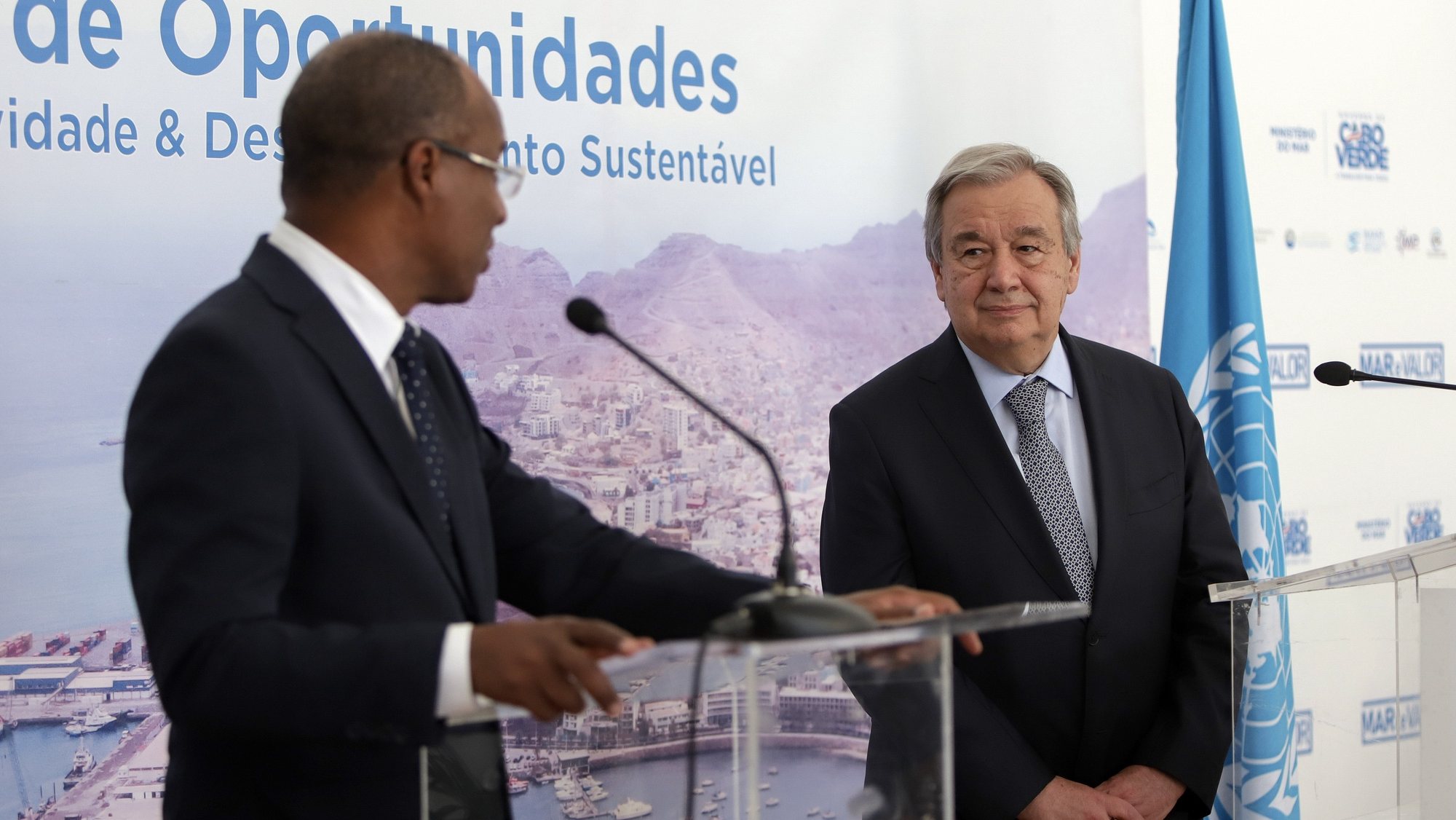 UN Secretary-General Antonio Guterres (R) and Prime Minister of Cape Verde, Ulisses Correia e Silva (L) during a joint press conference at the beginning of a three-day visit to the archipelago, Sao Vicente, 21 January 2023. ELTON MONTEIRO/LUSA