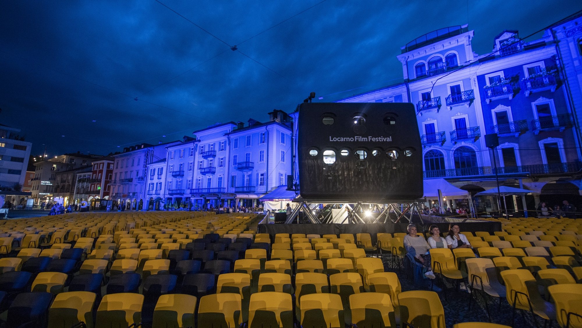 epa09392554 A general view of the Piazza Grande at the Prefestival at the 74th Locarno International Film Festival in Locarno, Switzerland, 03 August 2021. The festival runs from 04 to 14 August 2021.  EPA/URS FLUEELER