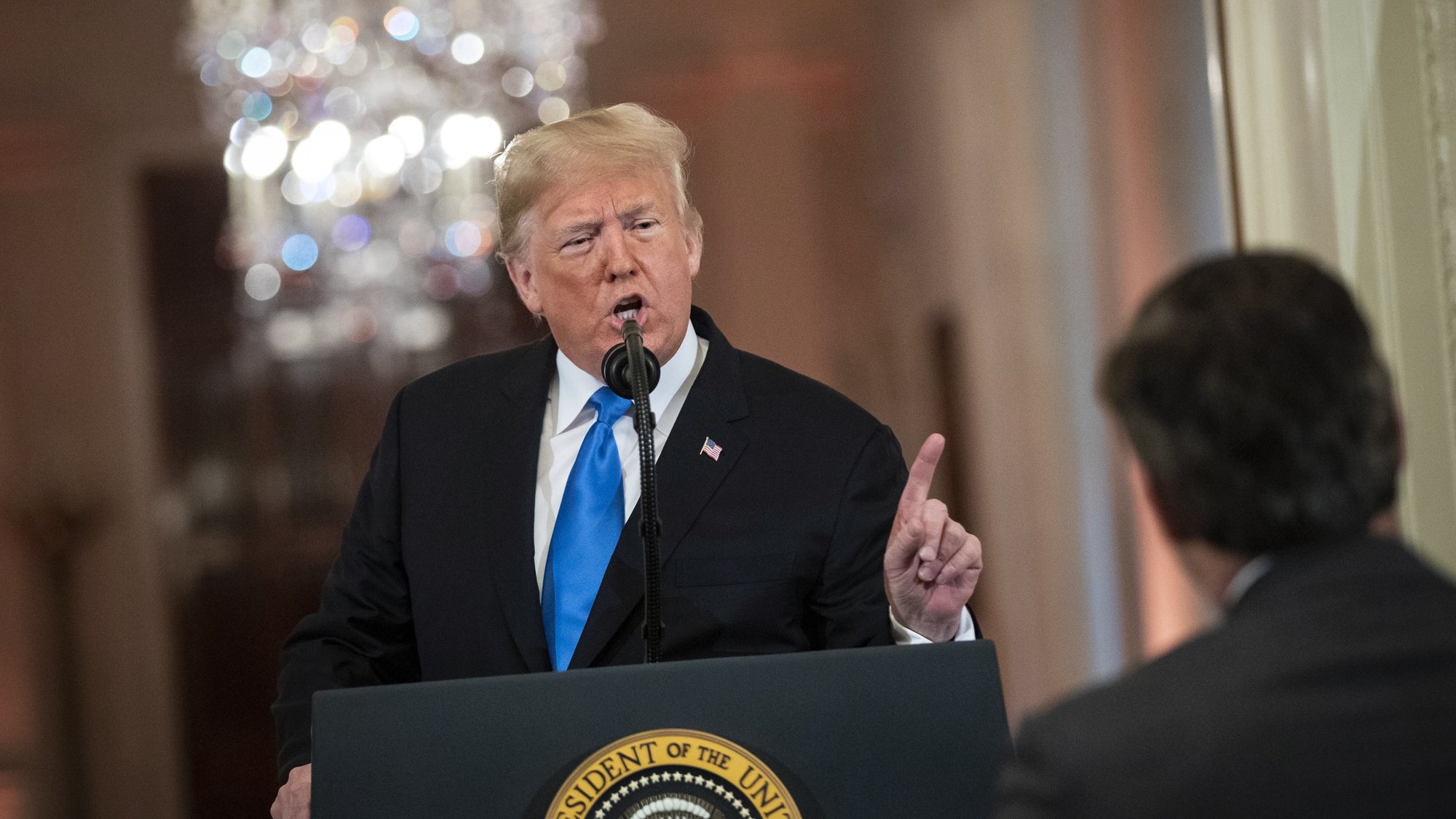 epa07170829 (FILE) - US President Donald J. Trump argues with CNN report Jim Acosta during a news conference in the East Room, at the White House in Washington, DC, USA, on 07 November 2018, (reissued 16 November 2018). Reports on 16 November 2018 state that following a hearing in Washington, DC, a judge ordered that Jim Acosta&#039;s  White House press pass must be reinstated immediately .  EPA/Al Drago / POOL