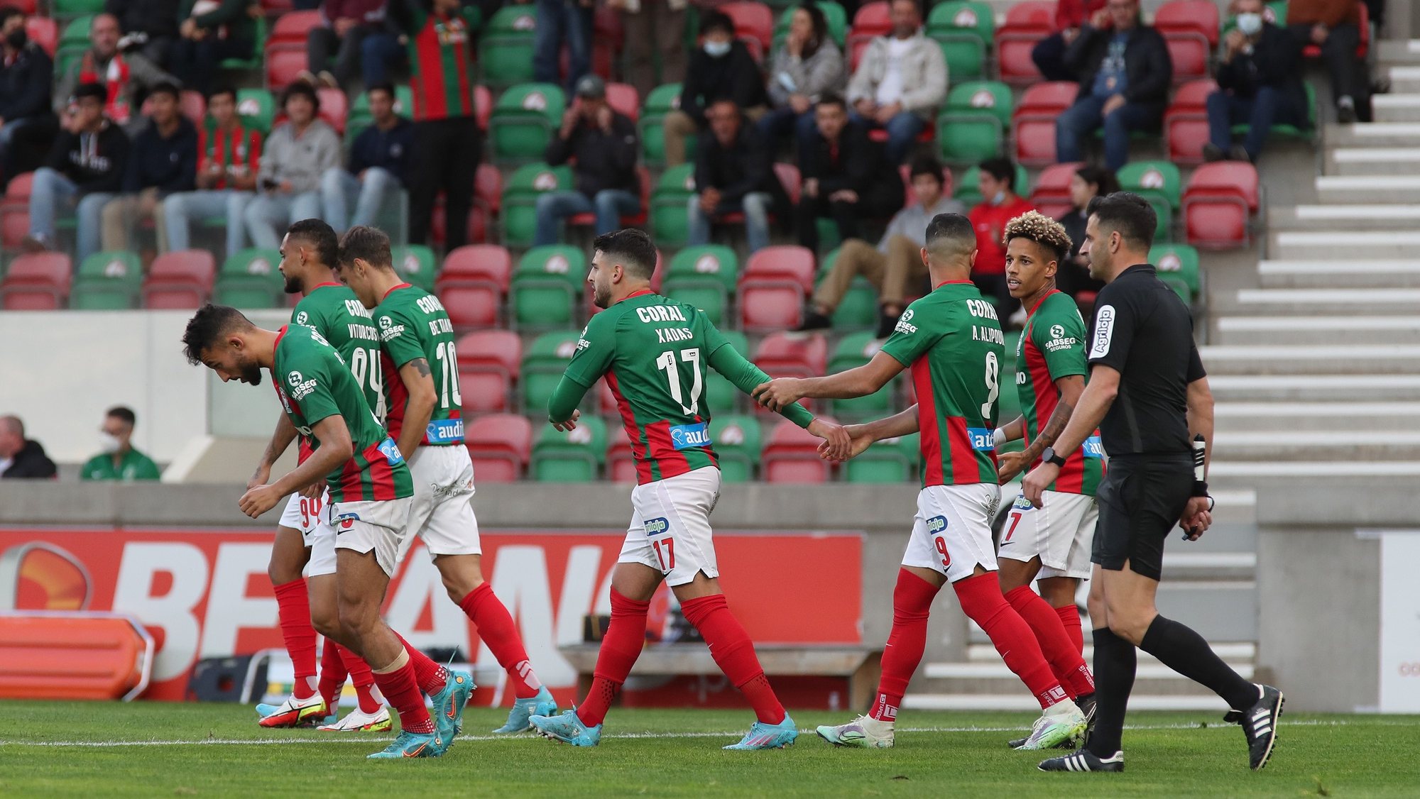 Maritimo`s player Xadas (C) celebrates after socoring a goal against Sporting during the Portuguese First League soccer match at Barreiros Stadium in Funchal, Portugal, 26 February 2022. HOMEM GOUVEIA/LUSA