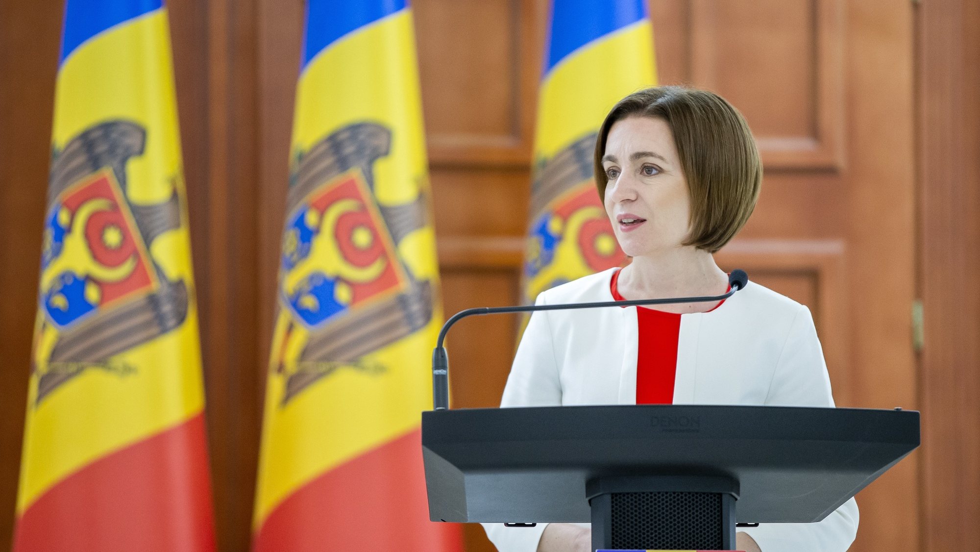 epa09888160 President of Moldova Maia Sandu speaks at a press conference with Belgian Prime Minister Alexander De Croo, during his official visit in Chisinau, Moldova, 13 April 2022. Alexander De Croo is in Chisinau to support Moldova&#039;s effort in accession to the European Union and to aid in the crisis of the refugees of the war in Ukraine.  EPA/DUMITRU DORU