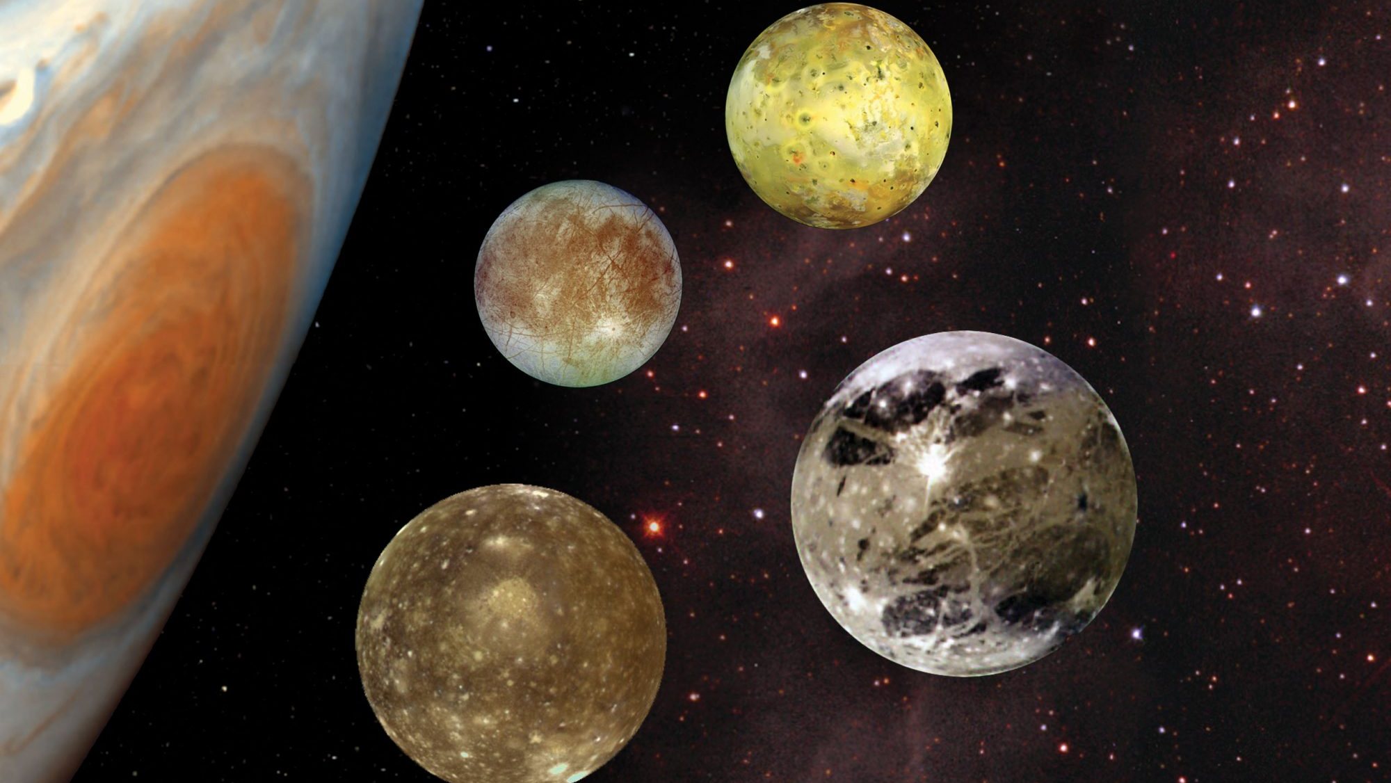 Os quatro maiores satélites naturais de Júpiter: Io, Europa, Ganimedes e Calisto. A lua Ganimedes &quot;pode reter mais água do que todos os oceanos da Terra&quot;