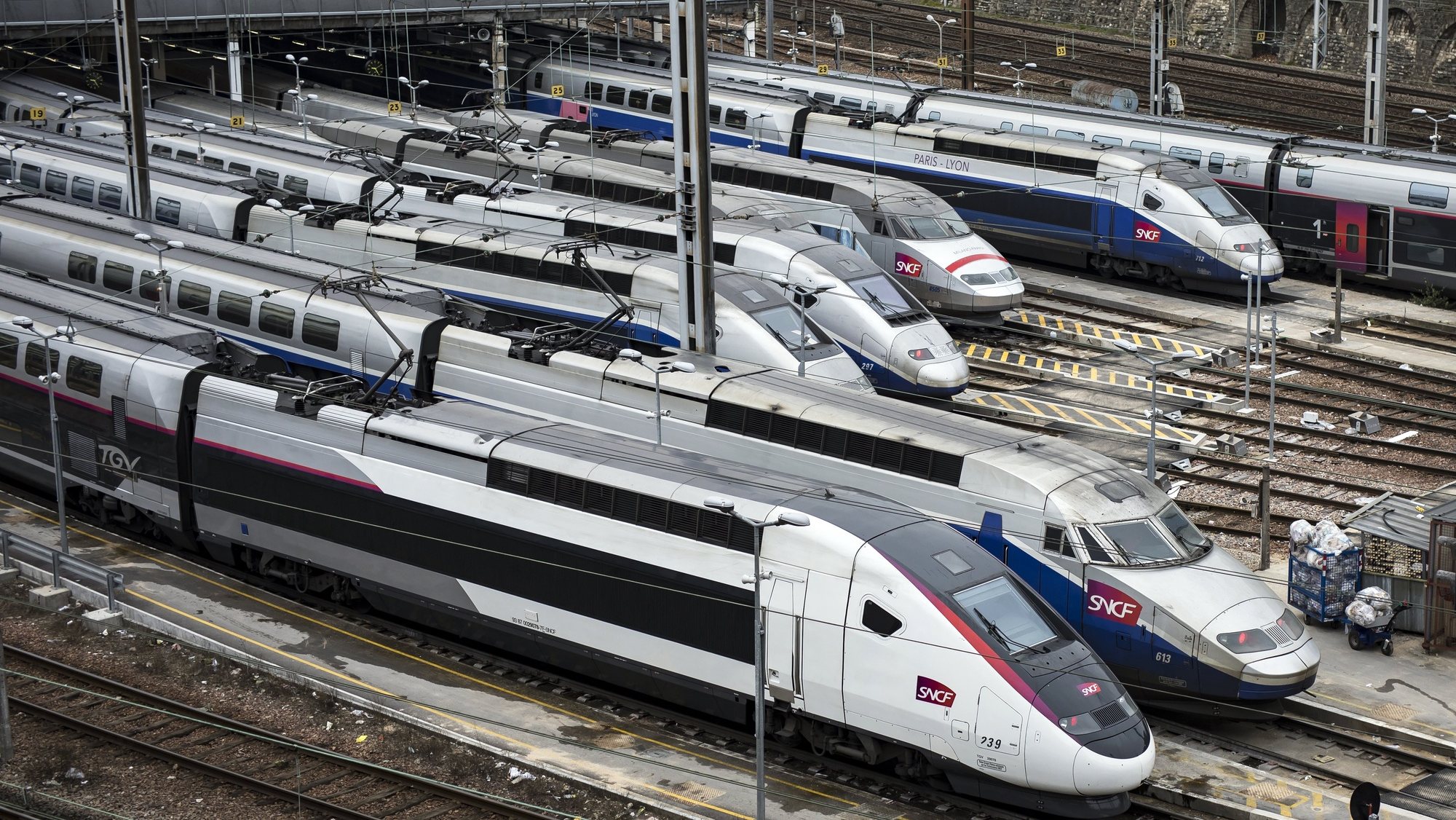 epa06619826 French TGV trains sit in the train depot of France&#039;s national rail network SNCF in Charenton-le-pont, during a nation-wide strike day affecting public transport, namely SNCF train travel, outside Paris, France, 22 March 2018. A national strike day was called by public sector workers and labor unions to defend labor rights and pensions.  EPA/IAN LANGSDON