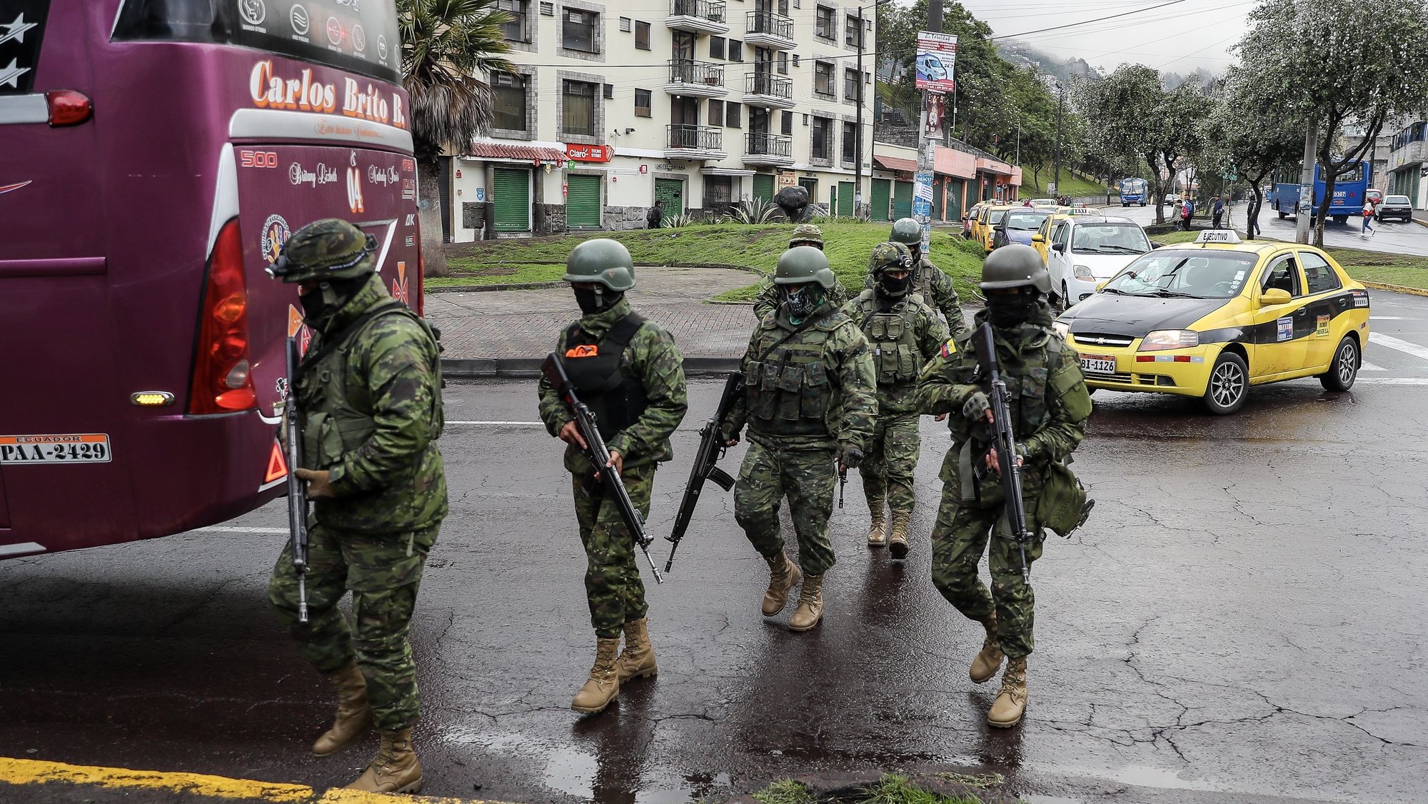 epa11072365 Ecuadorian military personnel patrol during a control operation in Quito, Ecuador, 12 January 2024. Following a string of prison riots, Ecuadorian President Daniel Noboa on 08 January declared a state of exception, and said that government forces were engaged in an &#039;internal armed conflict&#039; with armed criminal gangs, allowing him to use the Army and not just the Police to counter the violence. Ecuador has been experiencing a security crisis and extreme violence since ten people were killed in different attacks, which included the temporary takeover of a television station by an armed group in Guayaquil, the burning of cars, and threats against universities, government institutions, and businesses. The security of Guayaquil and four other cities in the coastal province of Guayas, one of the epicenters of the violence crisis, is being reinforced with the presence of more police and military.  EPA/JOSE JACOME