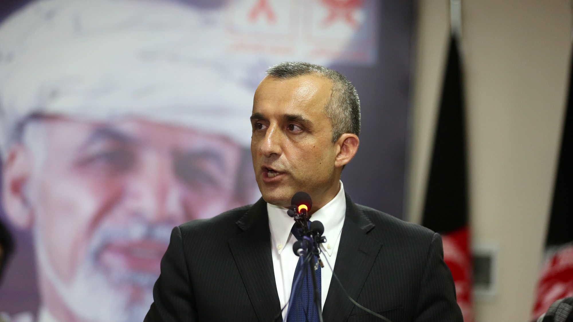 epa07882828 Afghanistan presidential candidate Ashraf Ghani&#039;s First Vice President Amrullah Saleh from the State Building electoral team briefs journalists about the outcomes of the presidential election during a press conference in Kabul, Afghanistan, 30 September 2019.  EPA/JAWAD JALALI