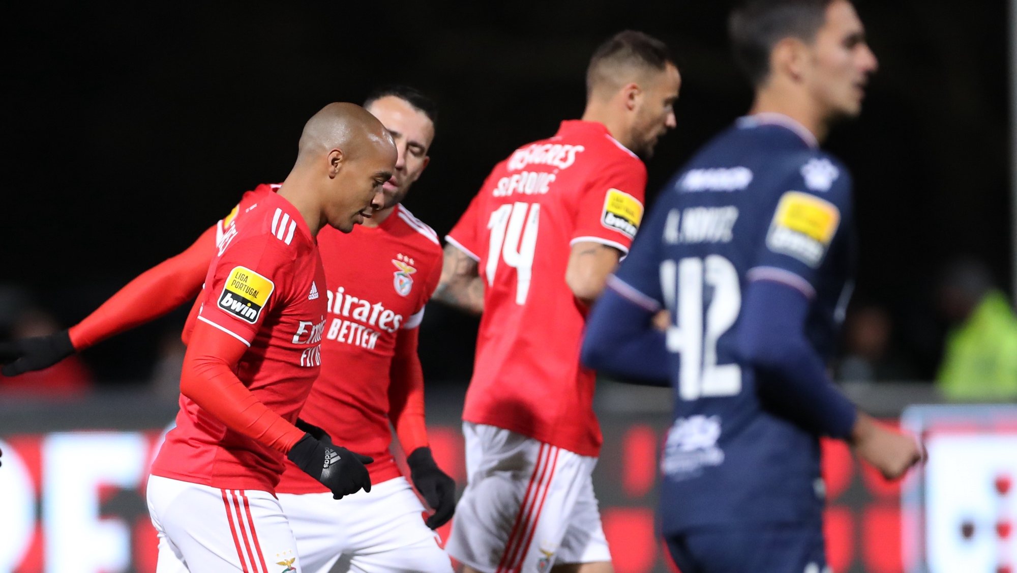 Benfica´s players celebrate a goal during their Portuguese first league soccer match between Belenenses SAD vs Benfica, at National Stadium, in Oeiras, near of Lisbon, Portugal, 27 November 2021. Belenenses SAD will host Benfica today with only nine players on the field, due to the outbreak of covid-19 that ravaged the squad, for the 12th round match of the Portuguese Football League. ANTONIO COTRIM/LUSA