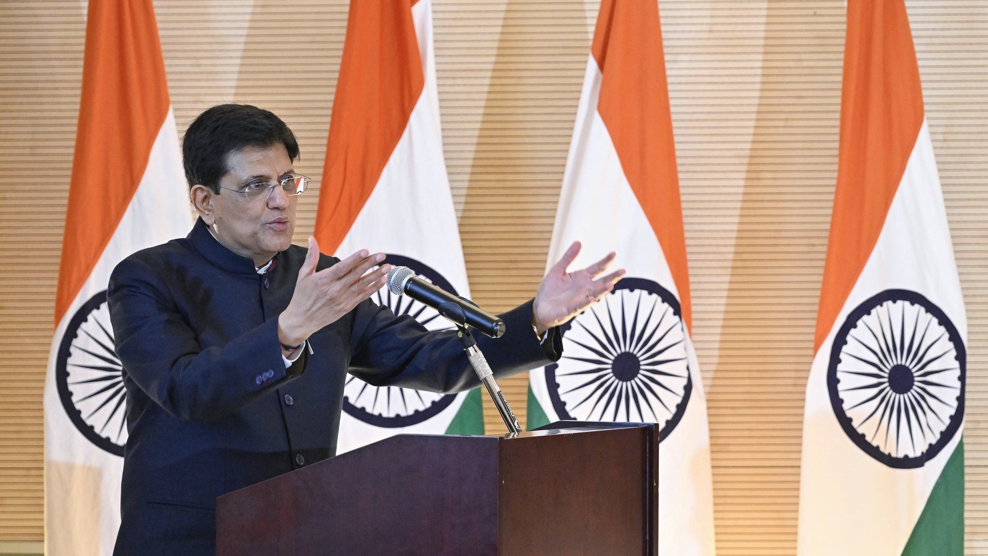 epa10570788 Indian Minister of Commerce and Industry, Piyush Goyal speaks during the event with the representatives of the companies organized on the occasion of his visit, in Rome, Italy, 13 April 2023.  EPA/ALESSANDRO DI MEO