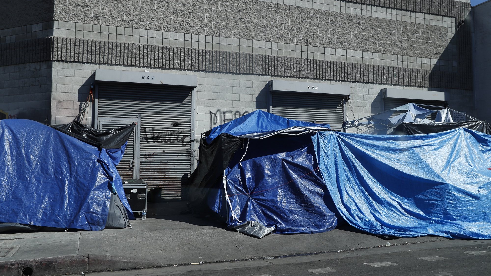 epa09782442 A homeless encampment lines a street in downtown Los Angeles, California, USA, 24 February 2022. The 2022 Greater Los Angeles homeless count is underway after it was canceled last year and then delayed last month from the COVID-19 surge.  EPA/CAROLINE BREHMAN