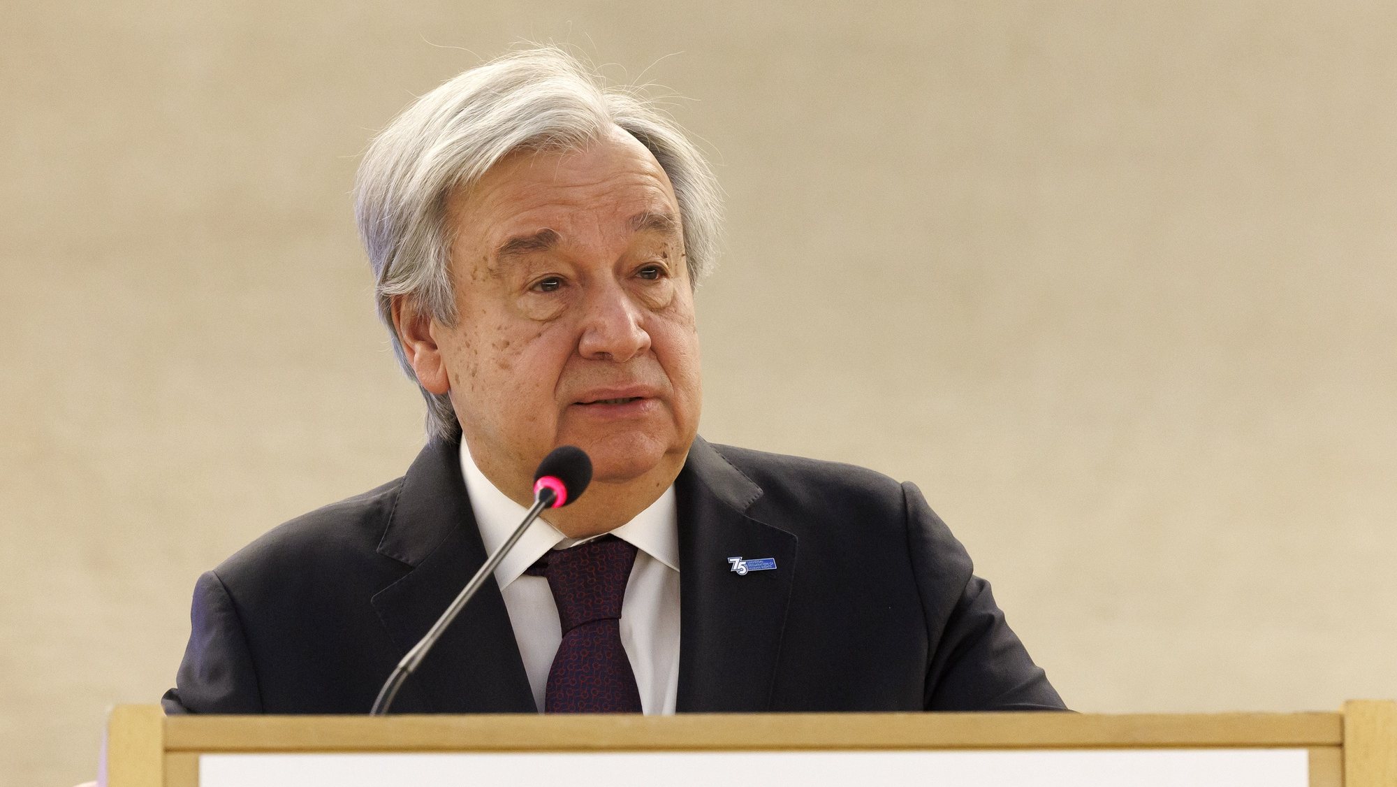 epa10493521 U.N. Secretary-General Antonio Guterres adresses his statement, during the opening of the High-Level Segment of the 52nd session of the Human Rights Council, at the European headquarters of the United Nations in Geneva, Switzerland, 27 February 2023.  EPA/SALVATORE DI NOLFI