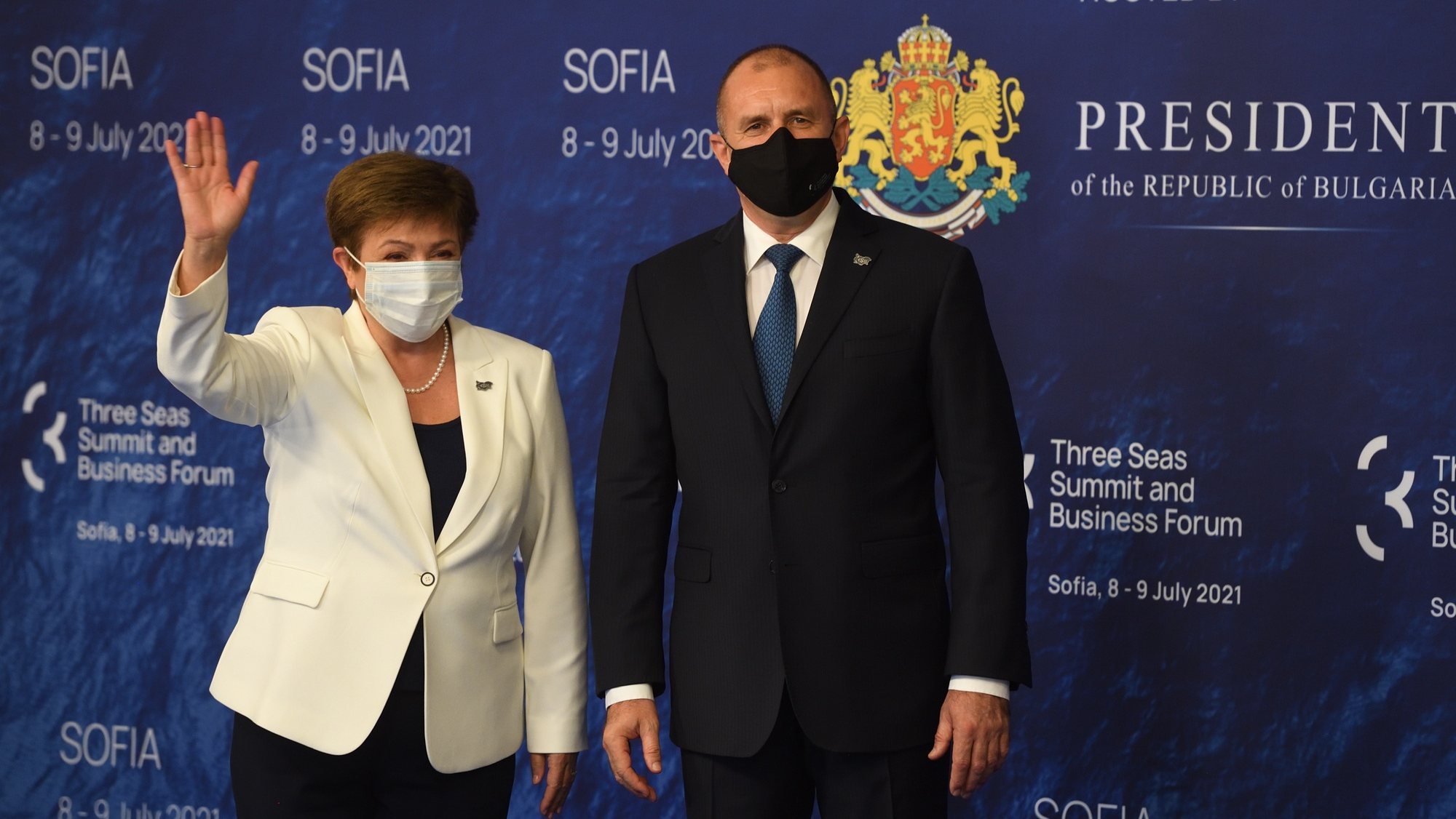 epa09331311 Bulgarian President Rumen Radev (R) welcomes Managing Director of the International Monetary Fund (IMF), Kristalina Georgieva (L) during the opening of the sixth Summit of the Three Seas and Business Forum in Sofia, Bulgaria, 08 July 2021. The summit and business forum of the Three Seas Initiative will be held on 08 and 09 July 2021 at the National Palace of Culture in Sofia.  EPA/VASSIL DONEV