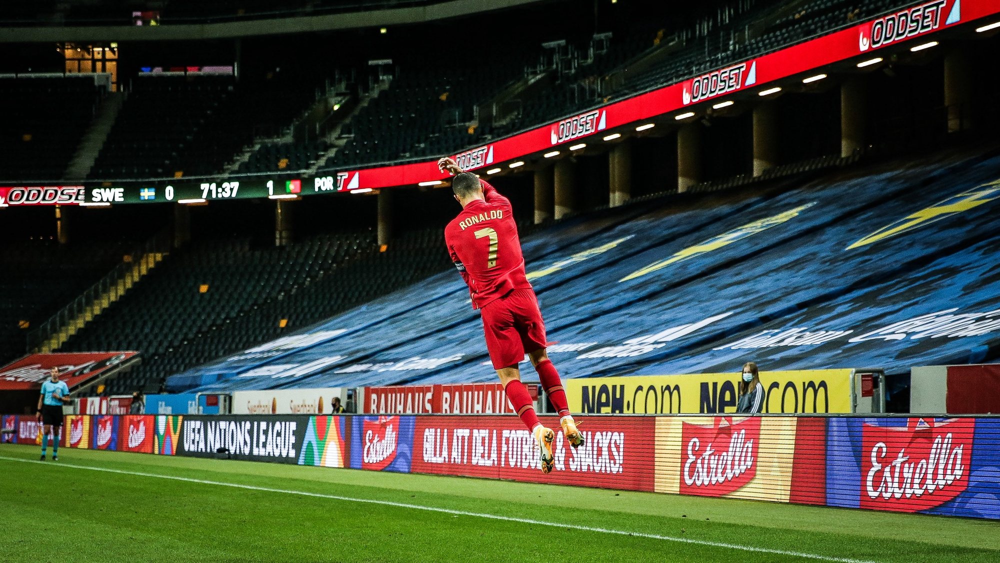 Portugal&#039;s  Cristiano Ronaldo celebrates after scoring a goal against Sweden, during the UEFA Nations League match at Friends Arena, in Stockholm, Sweden, 08 September 2020. MÁRIO CRUZ/LUSA