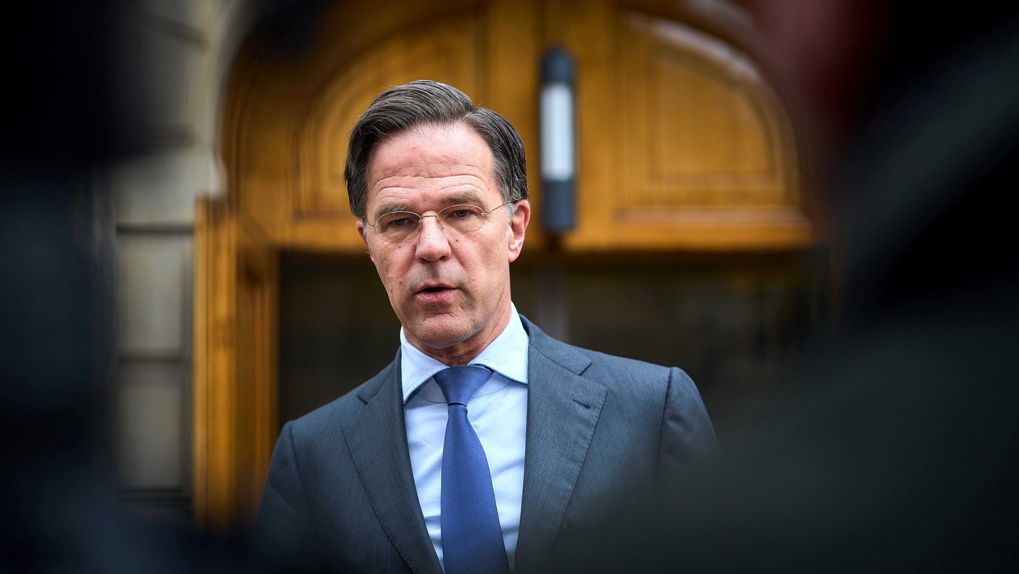 epa09776618 Dutch Prime Minister Mark Rutte addresses the press in The Hague, Netherlands, 22 February 2022. Russian President Vladimir Putin announced the recognition of the self-proclaimed Donetsk People&#039;s Republic (DPR) and the Luhansk People&#039;s Republic (LPR).  EPA/Phil nijhuis