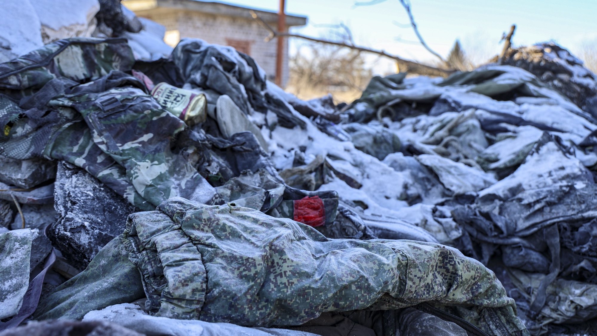 epaselect epa10399711 Russian uniforms lie among the rubble of a vocational school that Russian servicemen used as barracks, in Makiivka, Donetsk region, Ukraine, 11 January 2023. The Russian Ministry of Defence reported that 89 servicemen were killed on New Year&#039;s Eve after a Ukrainian missile strike hit one of the locations of Russia&#039;s military in Makiivka, in eastern Ukraine&#039;s Donetsk region. The military commissar of the Samara region, Alexei Vdovin, on 10 January said a general list of servicemen killed in the strike would not be made public, but the families were informed.  EPA/ALESSANDRO GUERRA