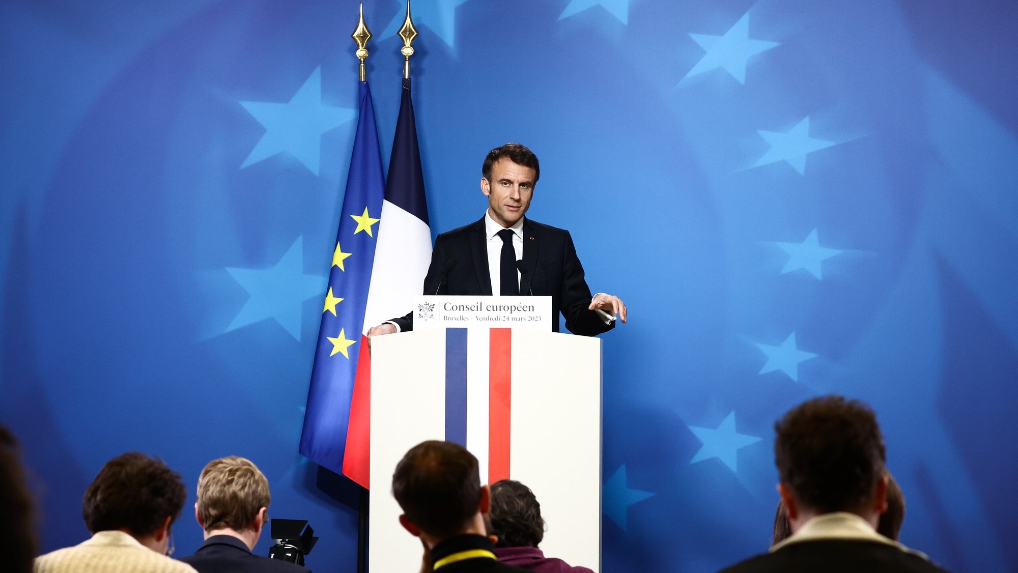 epa10540709 French President Emmanuel Macron gives a press conference at the end of the second day of an  EU Summit in Brussels, Belgium, 24 March 2023.  EPA/STEPHANIE LECOCQ