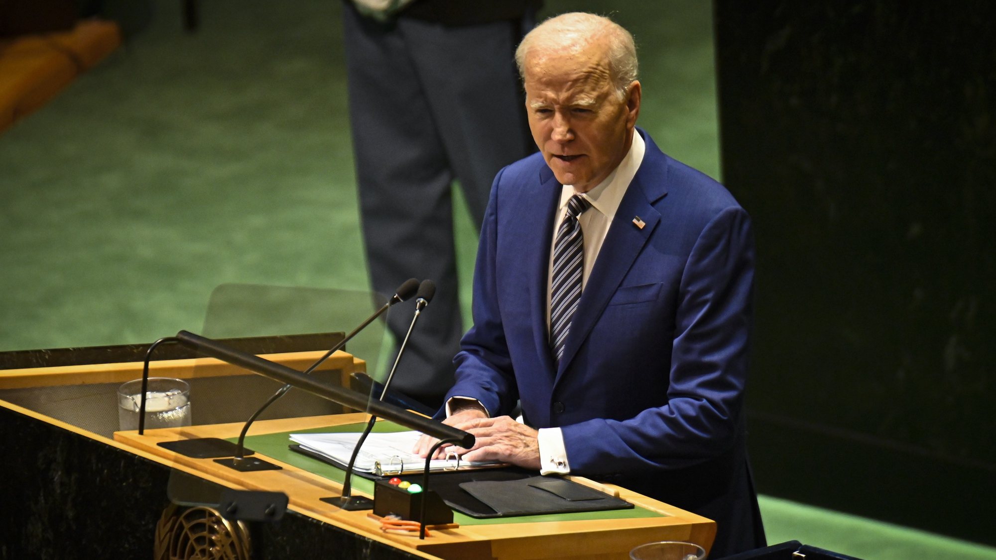epa10869675 United States President Joe Biden addresses the delegates during the 78th session of the United Nations General Assembly at United Nations Headquarters in New York, New York, USA, 19 September 2023.  EPA/MIGUEL RODRIGUEZ