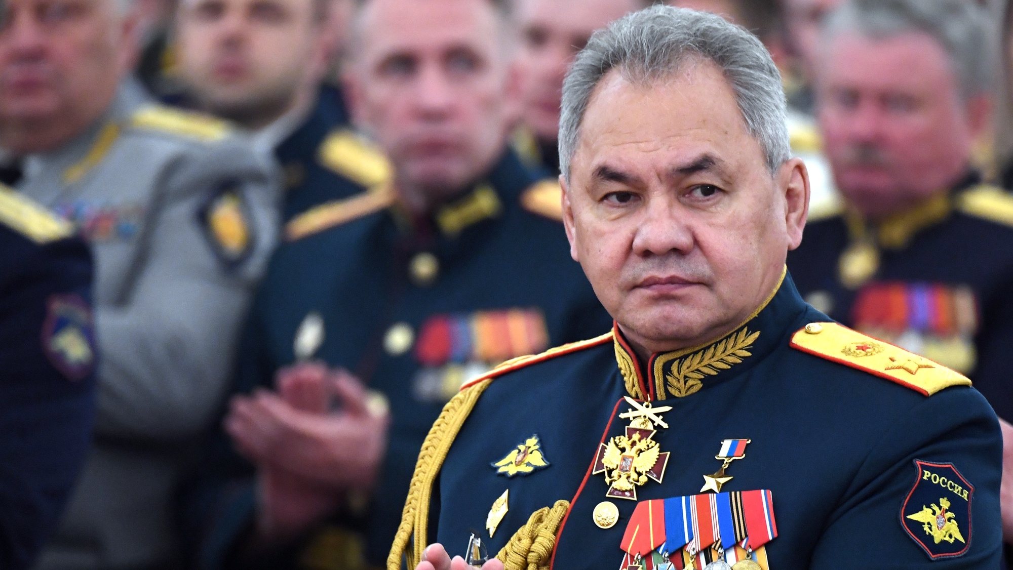 epa10025439 Russian Defence Minister Sergei Shoigu attends a meeting of Russian President Vladimir Putin with graduates of the Russian military schools during a meeting at the Kremlin in Moscow, Russia, 21 June 2022.  EPA/MIKHAIL METZEL / KREMLIN POOL / SPUTNIK / MANDATORY CREDIT