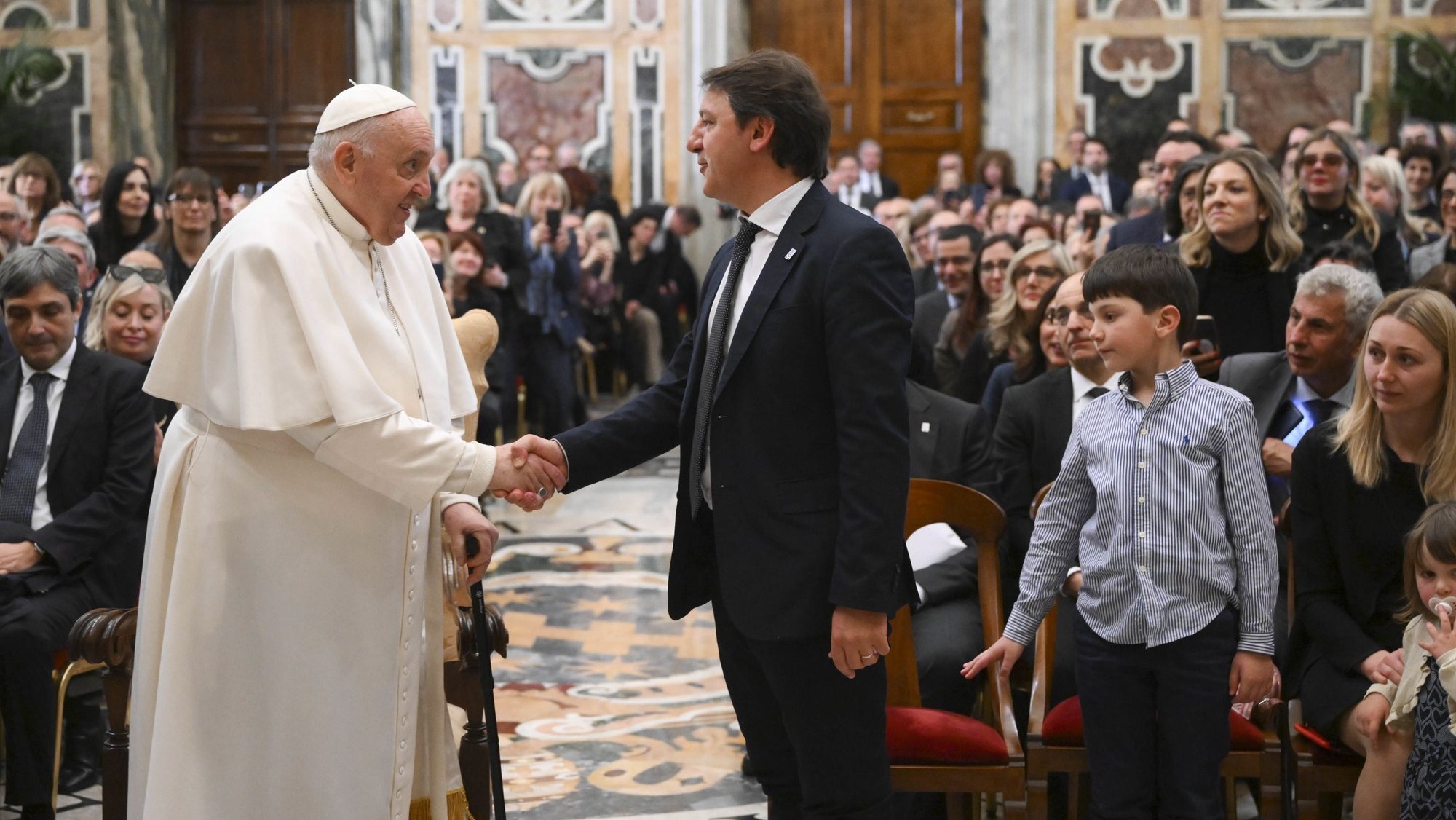epa10556776 A handout picture provided by the Vatican Media shows Pope Francis receiving directors and employees of the National Institute for Social Security (Istituto Nazionale della Previdenza Sociale â€“ INPS) during an audience at the Vatican, 03 April 2023.  EPA/VATICAN MEDIA PHOTO TO BE USED SOLELY TO ILLUSTRATE NEWS REPORTING OR COMMENTARY ON THE FACTS OR EVENTS DEPICTED IN THIS IMAGE HANDOUT EDITORIAL USE ONLY/NO SALES