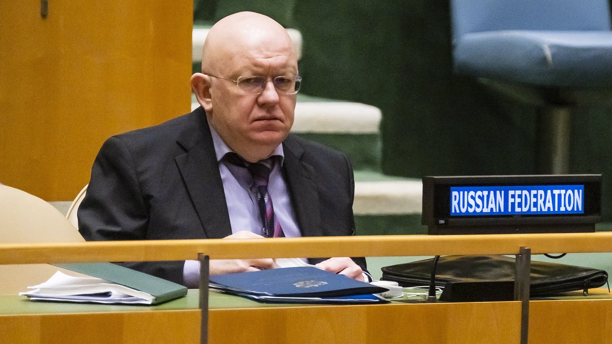 epa09846500 Russia&#039;s Ambassador to the UN, Vassily Nebenzia, during a United Nations General Assembly meeting where member countries are scheduled to debate and vote on resolutions denouncing the humanitarian crisis being caused by Russia&#039;s invasion of Ukraine at United Nations headquarters in New York, New York, USA, 24 March 2022.  EPA/JUSTIN LANE