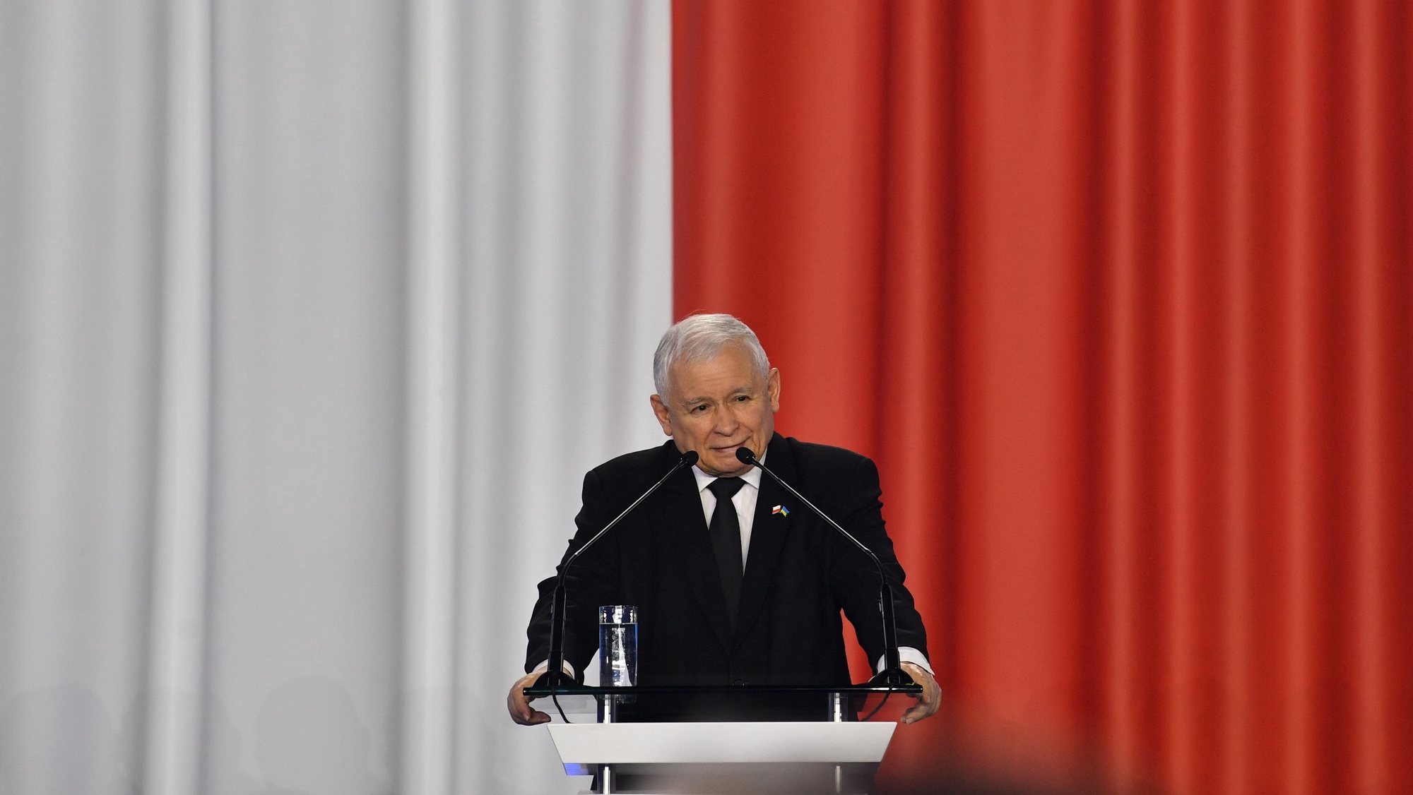 epa09995285 Polish Deputy Prime Minister and leader of the Law and Justice (PiS) ruling party Jaroslaw Kaczynski speaks during the Law and Justice party&#039;s congress at the Education and Recreation Center in Marki, near Warsaw, Poland, 04 June 2022.  EPA/Radek Pietruszka POLAND OUT