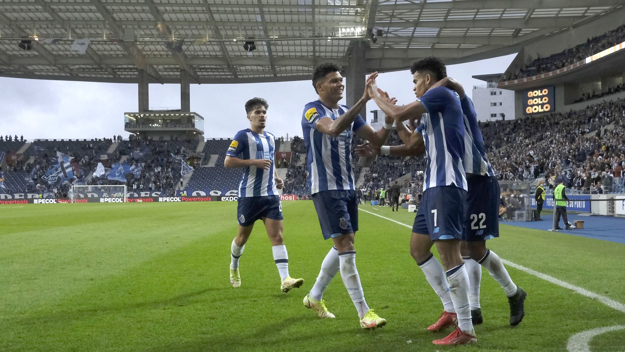 FC Porto player Luis Diaz (2R) celebrates after scoring a goal against Pacos de Ferreira during their Portuguese First League soccer match held at Dragao Stadium in Porto, northwest of Portugal, 02 October 2021. FERNANDO VELUDO/LUSA