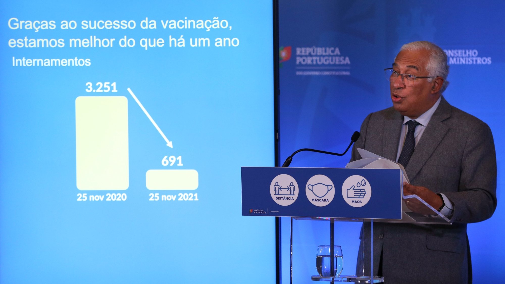 Portuguese Prime Minister Antonio Costa speaks to announce the new measures during the briefing of the Council of Ministers Meeting, at Palacio da Ajuda, in Lisbon, Portugal, 25 November 2021. In Portugal, since March 2020, 18,385 people have died and 1,133,241 cases of infection have been counted, according to data from the Directorate-General of Health. MANUEL DE ALMEIDA/LUSA