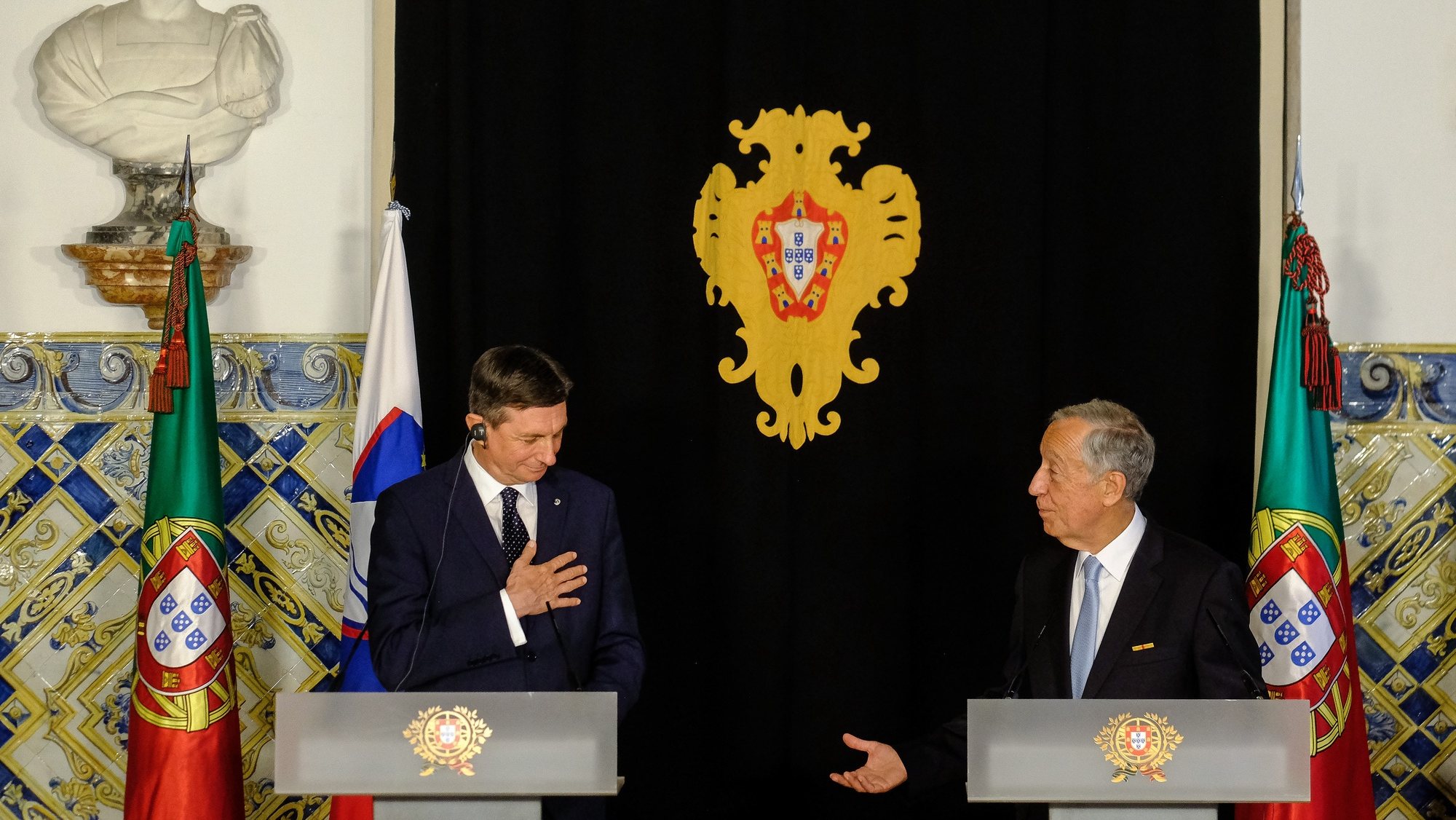 Portugal&#039;s President Marcelo Rebelo de Sousa (R) accompanied by Slovenia&#039;s President Borut Pahor (L) attend a press conference after their meeting at Belem Palace, in Lisbon, Portugal, 14 February 2022. Borut Pahor is on a two-day official visit to Portugal. MÁRIO CRUZ/LUSA
