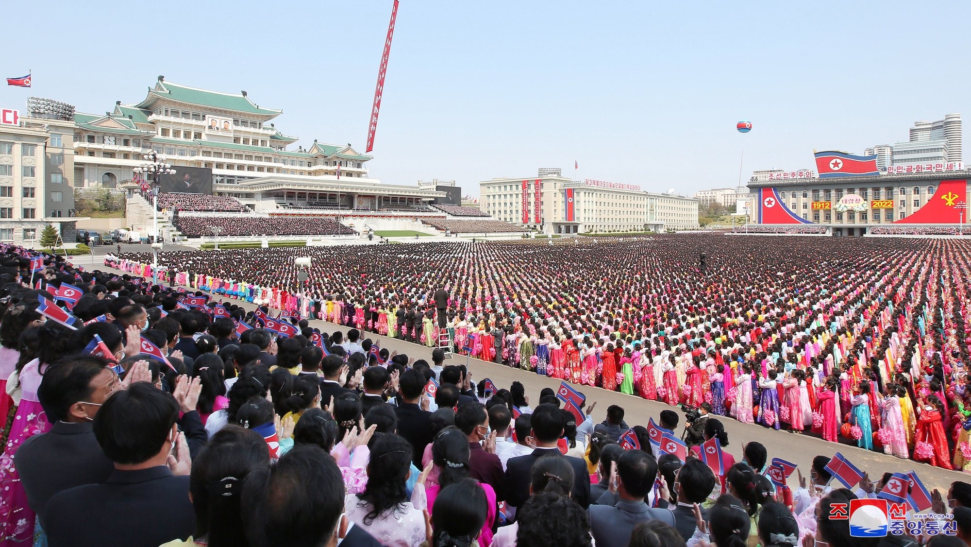 epa09892547 A photo released by the official North Korean Central News Agency (KCNA) shows a national meeting and a public procession of Pyongyang citizens marking the 110th birth anniversary of the country&#039;s late founder, Kim Il Sung, at the Kim Il Sung Square in Pyongyang, North Korea, 15 April 2022 (issued 16 April 2022).  EPA/KCNA  EDITORIAL USE ONLY  EDITORIAL USE ONLY