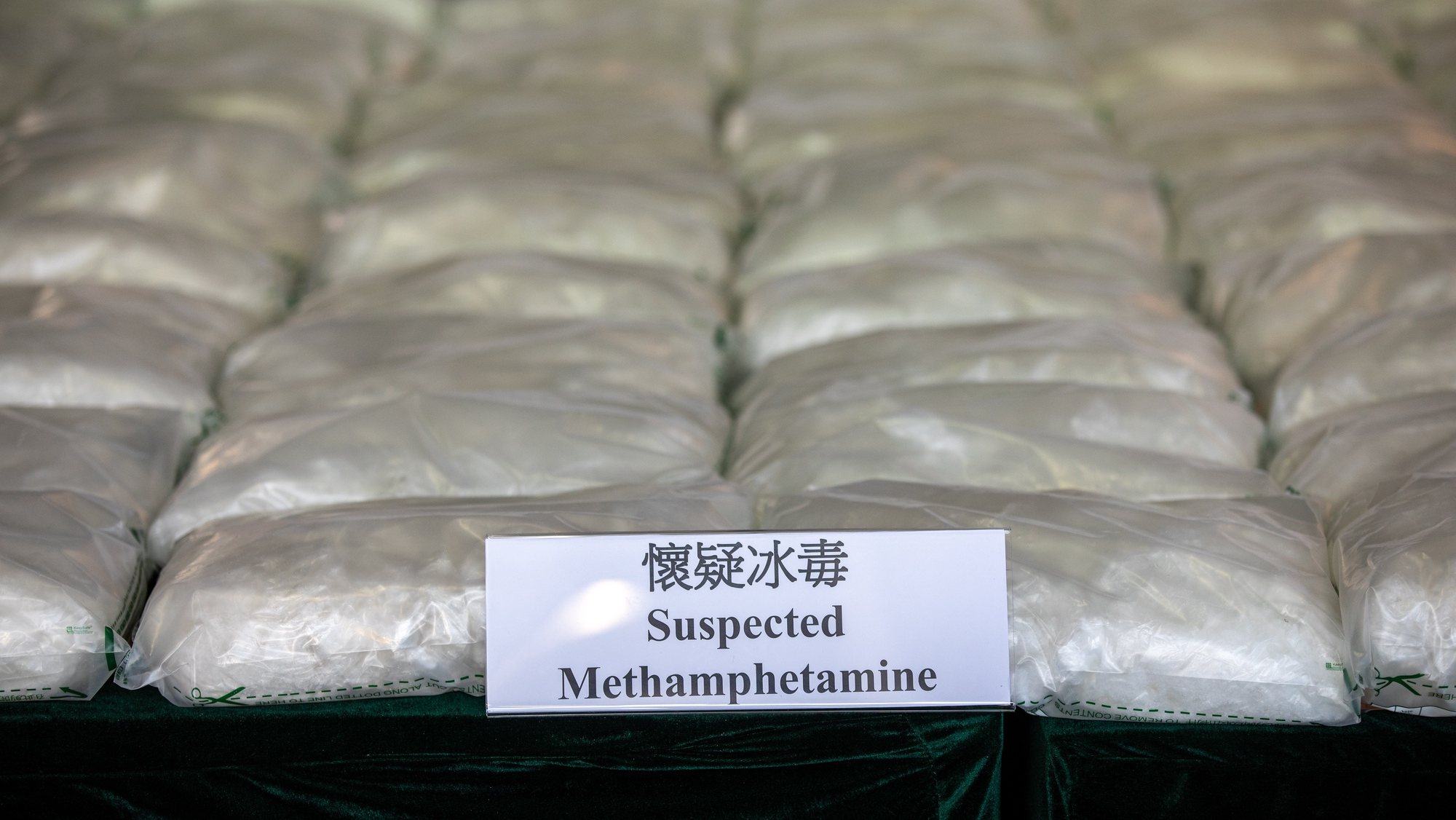 epa08792354 Seized methamphetamine is displayed at a Hong Kong Customs and Excise facility in Hong Kong, China, 02 November 2020. Hong Kong Customs detected the largest-ever methamphetamine trafficking case on 20 October 2020 and seized over 500 kilograms of suspected methamphetamine with an estimated market value of 298 million US dollar (33 million euro).  EPA/JEROME FAVRE