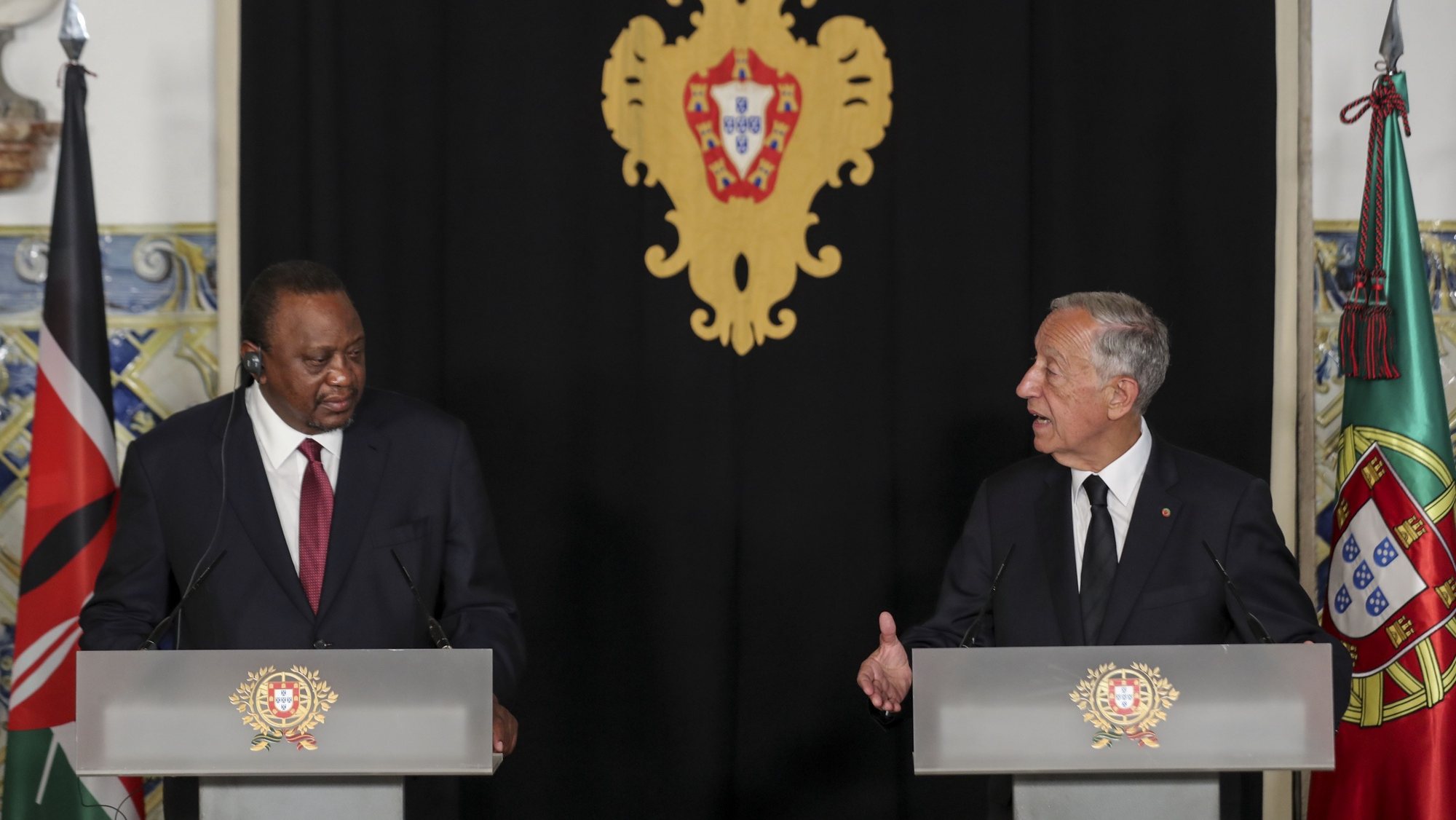 Portuguese President Marcelo Rebelo de Sousa (R) accompanied by Kenya President Uhuru Kenyatta (L) attend a joint press conference after state visit of Kenya&#039;s President to Portugal, Lisbon, 28th of June 2022. MIGUEL A. LOPES/LUSA