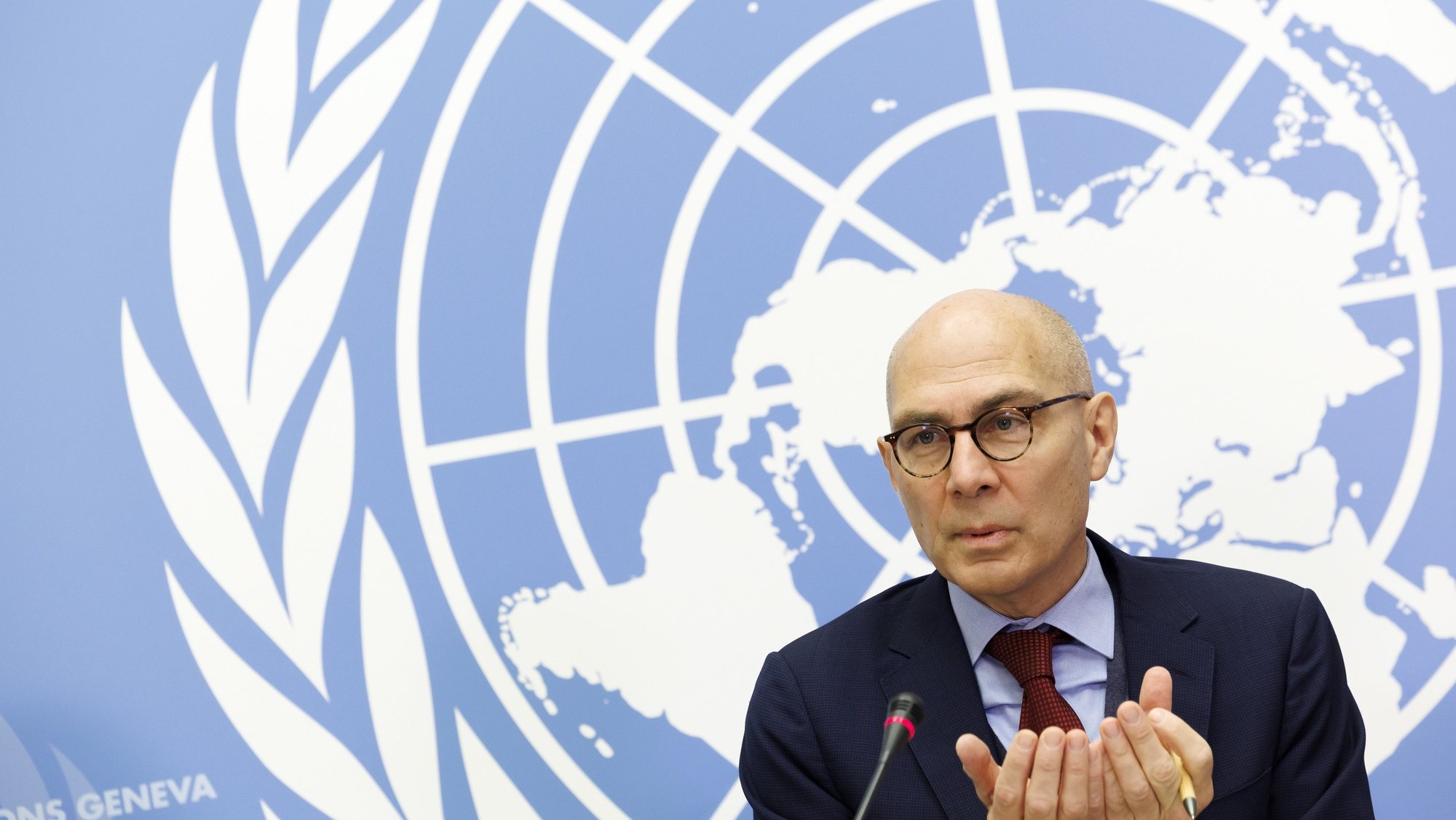 epa10356279 UN High Commissioner for Human Rights Volker Turk (Tuerk) talks to the media during a new press conference, at the European headquarters of the United Nations in Geneva, Switzerland, 09 December 2022.  EPA/SALVATORE DI NOLFI SWITZERLAND OUT
