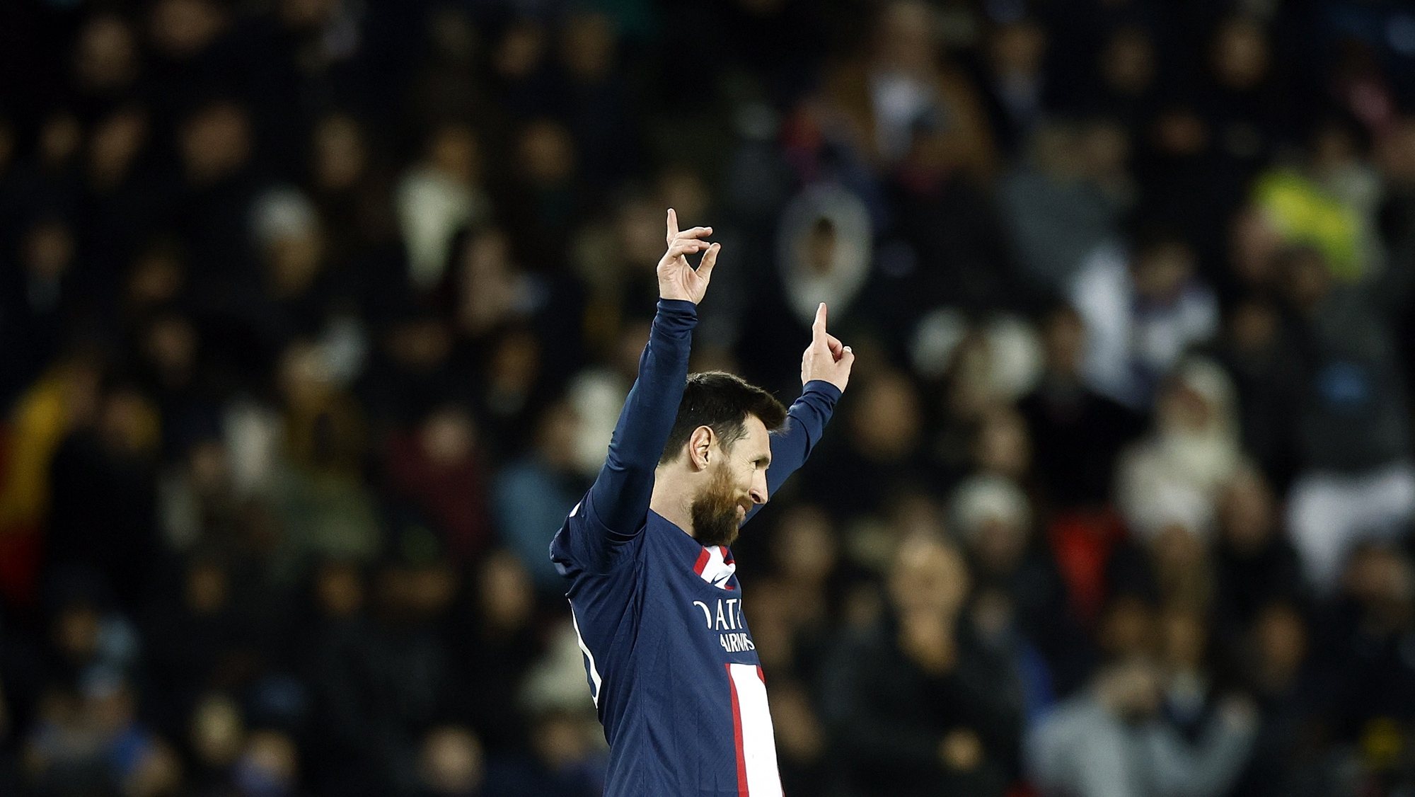 epa10400623 Paris Saint Germain&#039;s Lionel Messi celebrates the 2-0 goal during the French Ligue 1 soccer match between PSG and Angers, in Paris, France, 11 January 2023.  EPA/YOAN VALAT