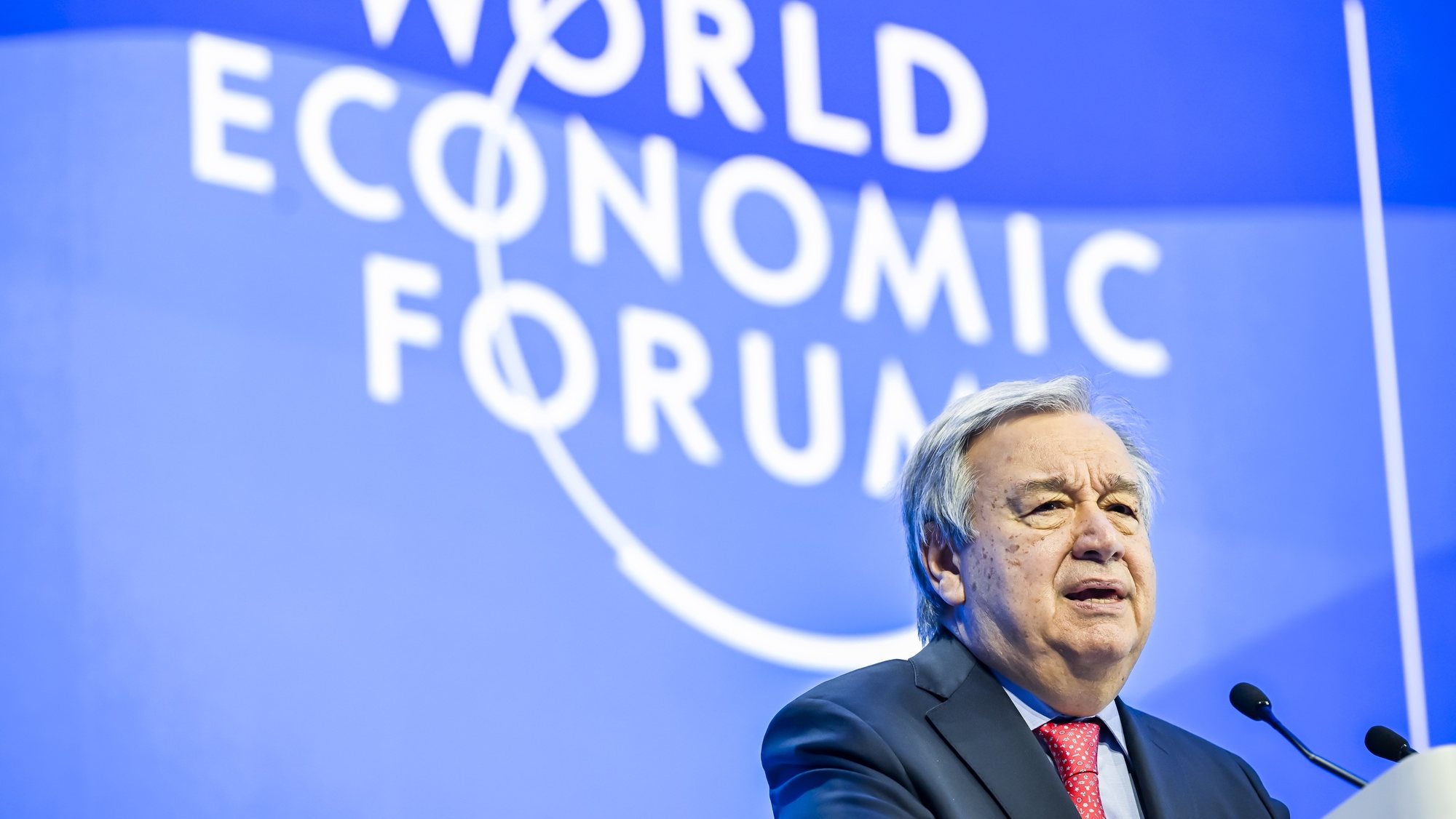 epa10412922 United Nations Secretary-General Antonio Guterres speaks during the 53rd annual meeting of the World Economic Forum, WEF, in Davos, Switzerland, 18 January 2023. The meeting brings together entrepreneurs, scientists, corporate and political leaders in Davos under the topic &#039;Cooperation in a Fragmented World&#039; from 16 to 20 January.  EPA/GIAN EHRENZELLER